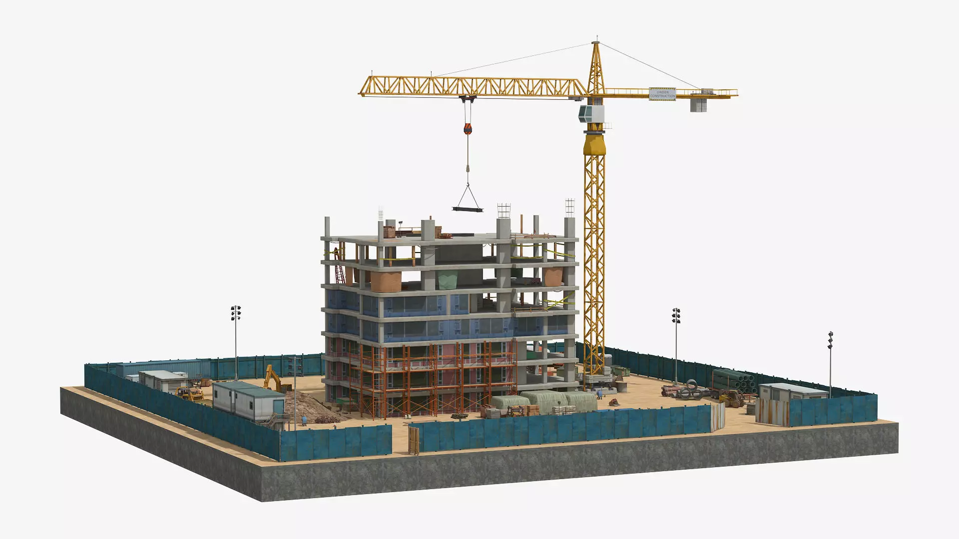 Construction Site with Building and Construction Vehicles Low-poly 3D model_0