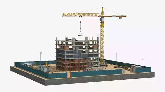 Construction Site with Building and Construction Vehicles Low-poly 3D model