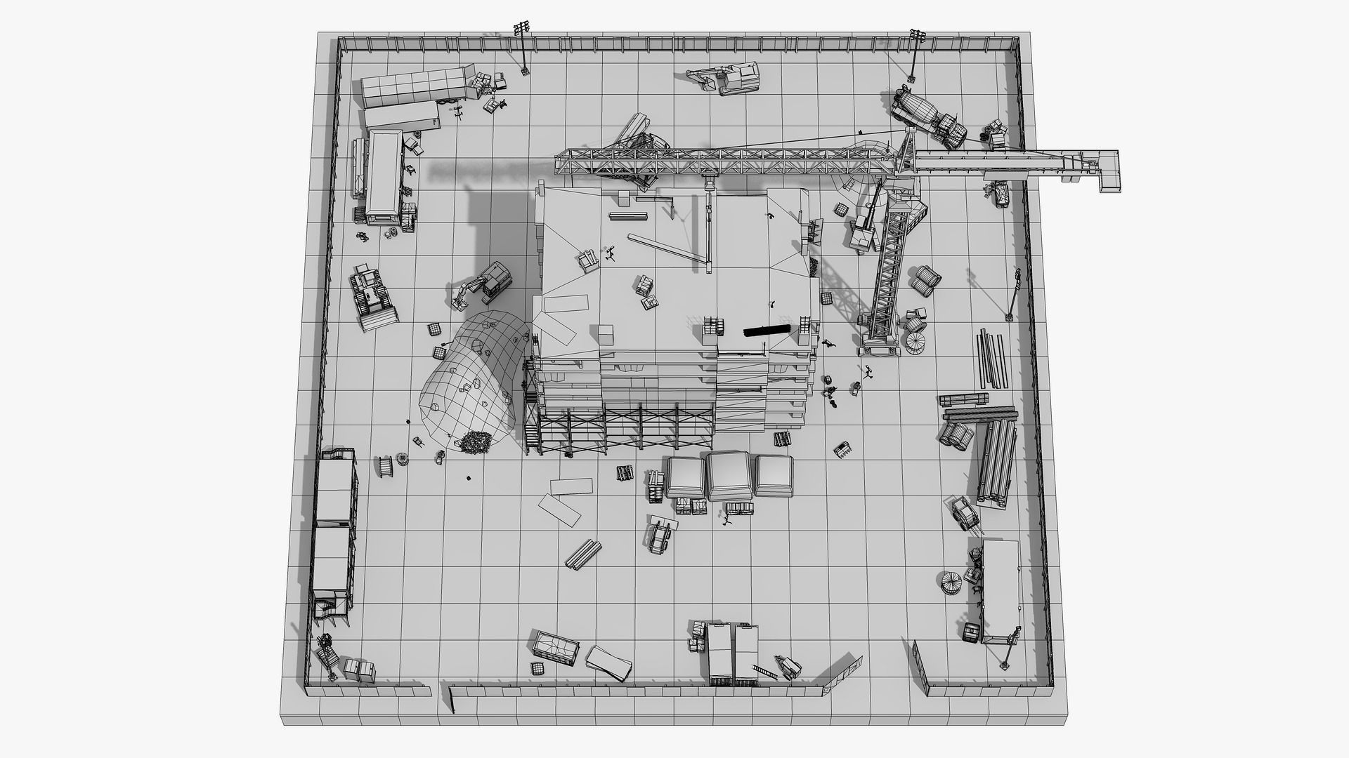 Construction Site with Building and Construction Vehicles Low-poly 3D model_10