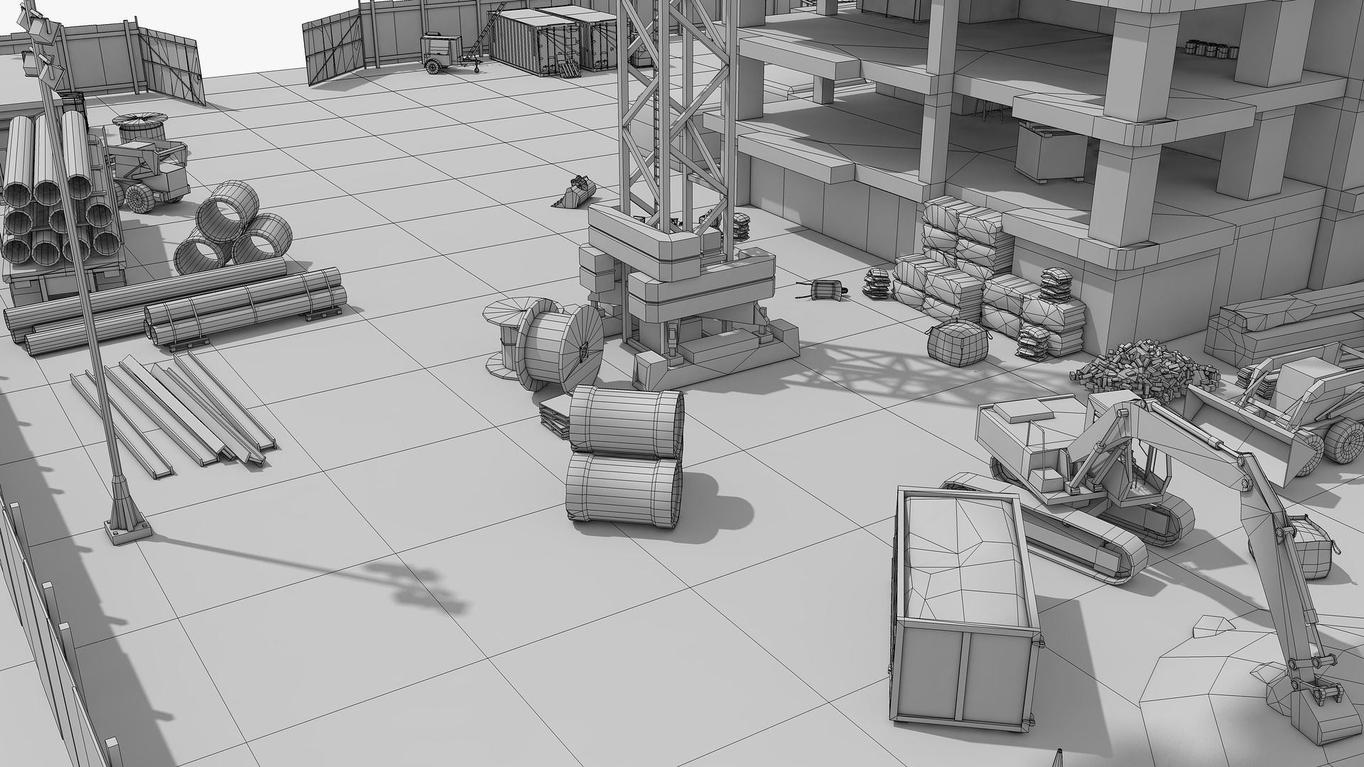 Construction Site with Building and Construction Vehicles Low-poly 3D model_11