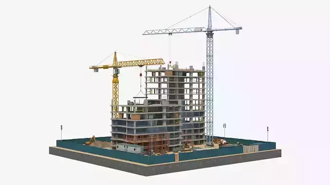 Two Tower Building Under Construction Scene Low-poly 3D model