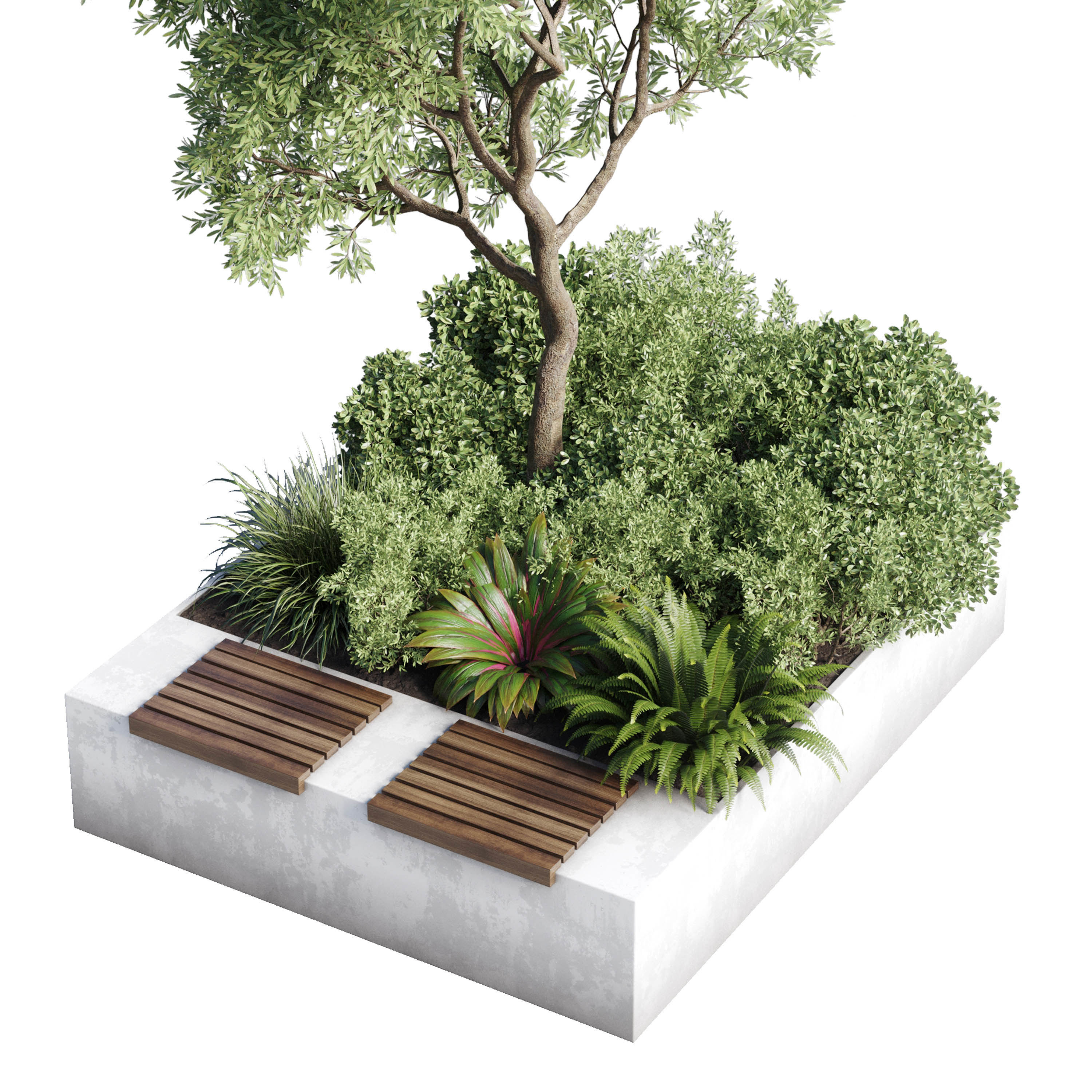 Urban Environment Urban Furniture Green Benches Plants and Tree 3D model_2