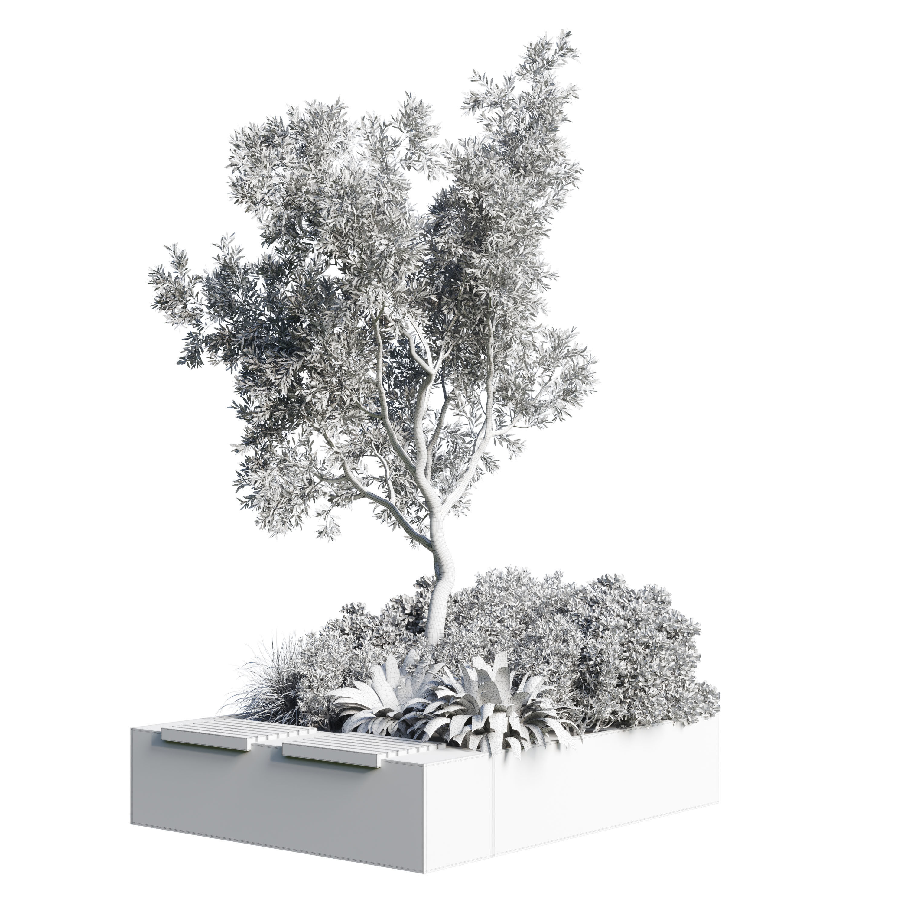 Urban Environment Urban Furniture Green Benches Plants and Tree 3D model_4