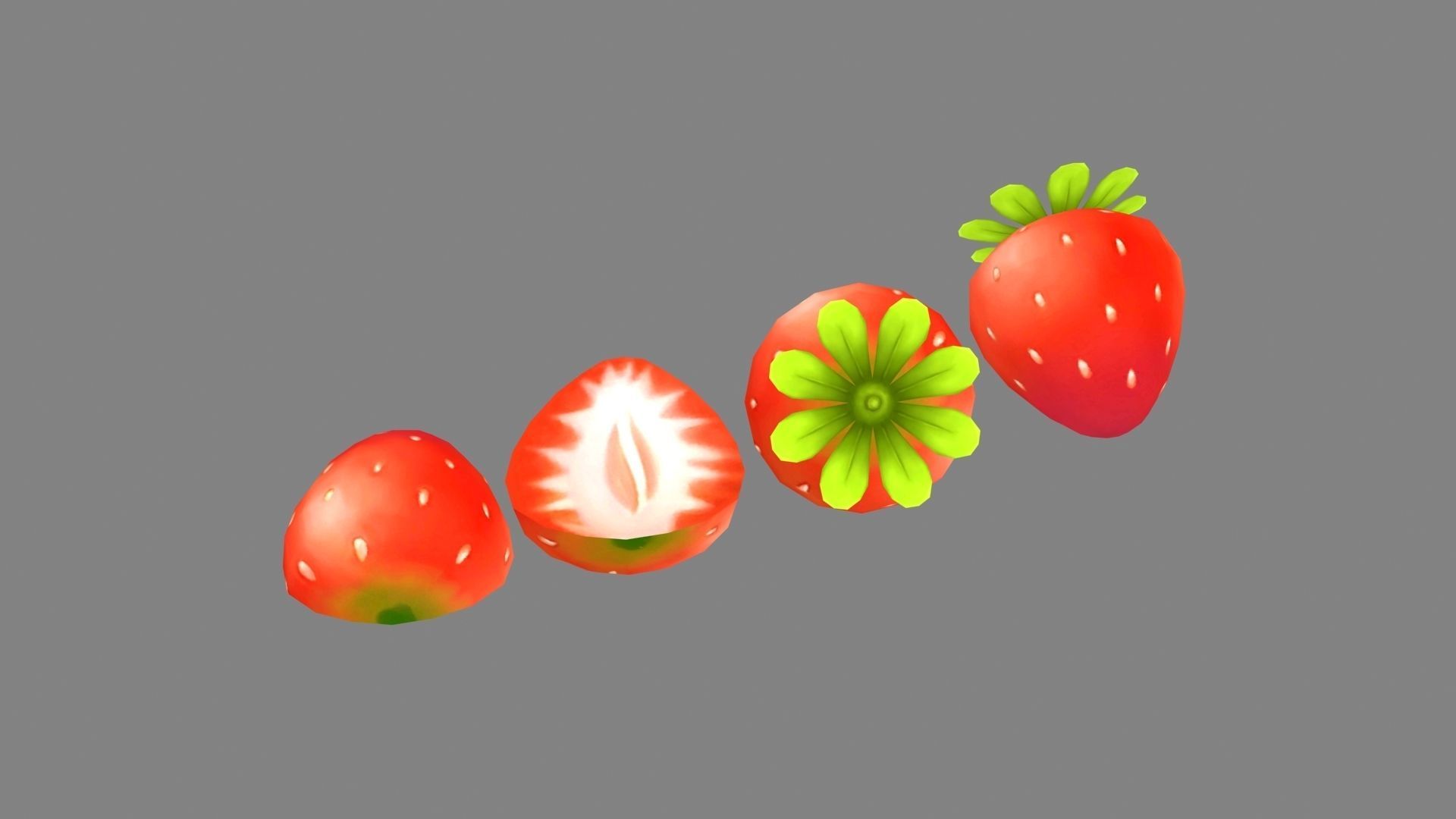 Cartoon strawberry and slice - B Low-poly 3D model_1