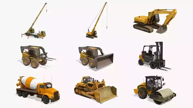 Construction Equipment Vehicles 9 Cranes 3D Models Low-poly 3D model