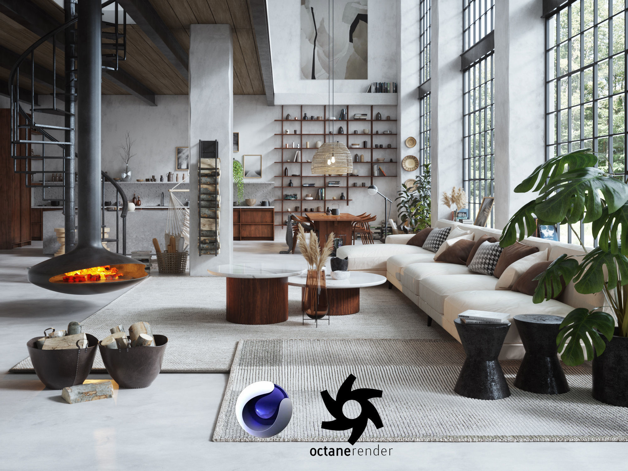Boho Design Interior Scene for Cinema 4D and Octane Render 3D model_0