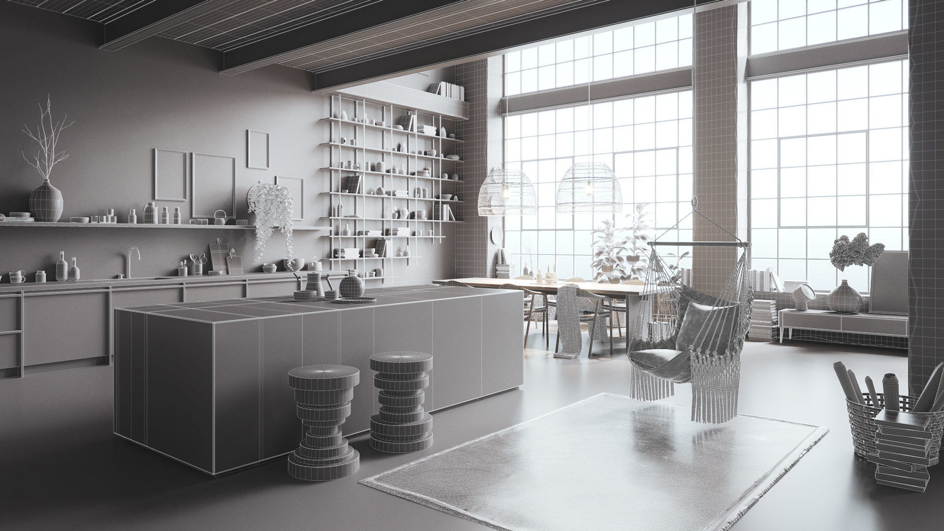 Boho Design Interior Scene for Cinema 4D and Octane Render 3D model_10