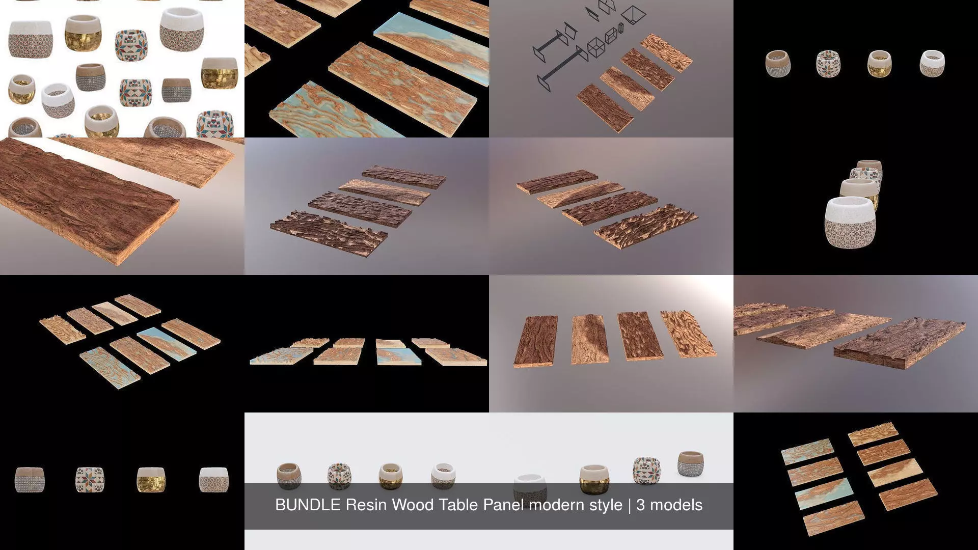 BUNDLE Resin Wood Table Panel modern style 3D Model Collection_1
