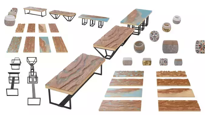 BUNDLE Resin Wood Table Panel modern style 3D Model Collection