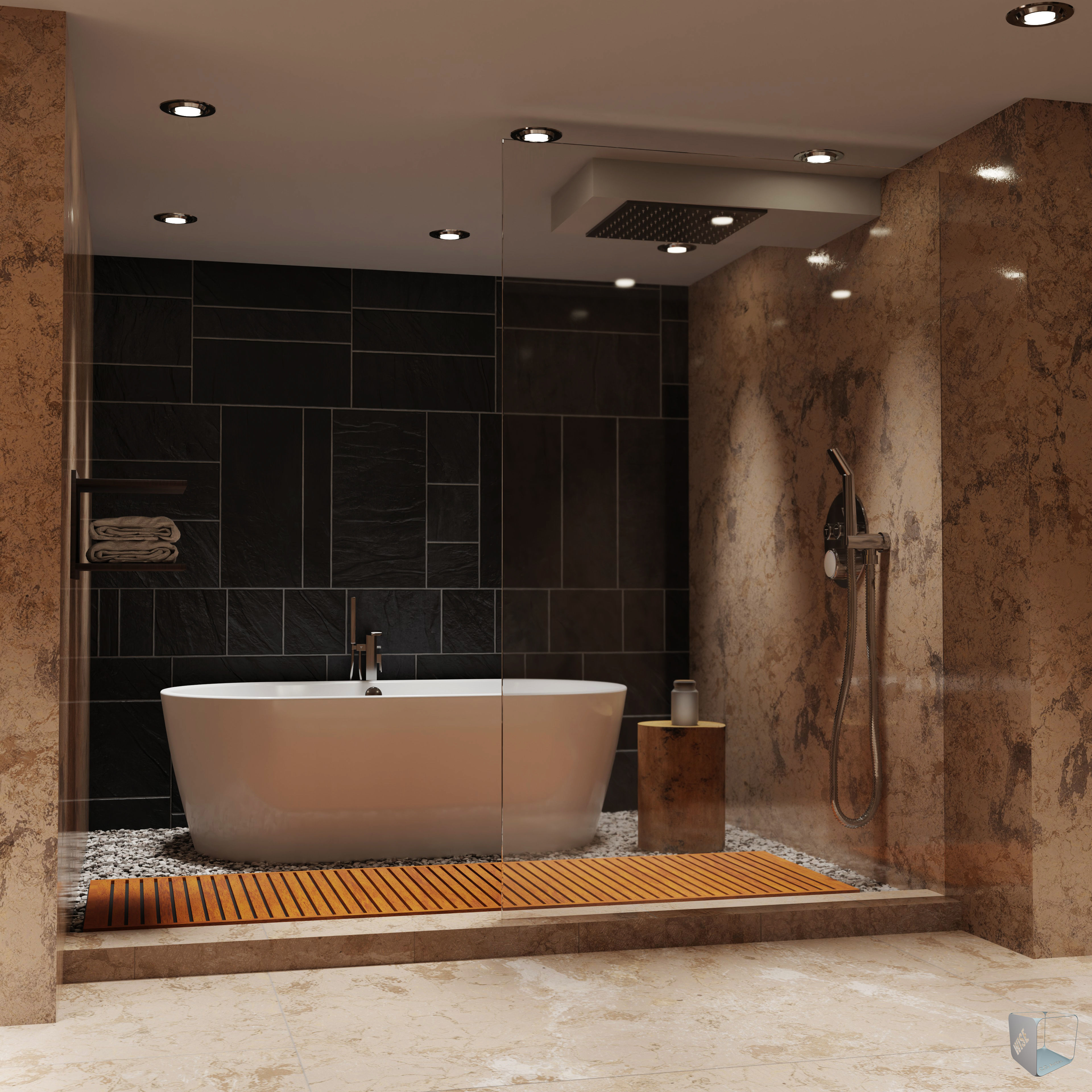 Bathroom marble with circular mirror 3D model_1