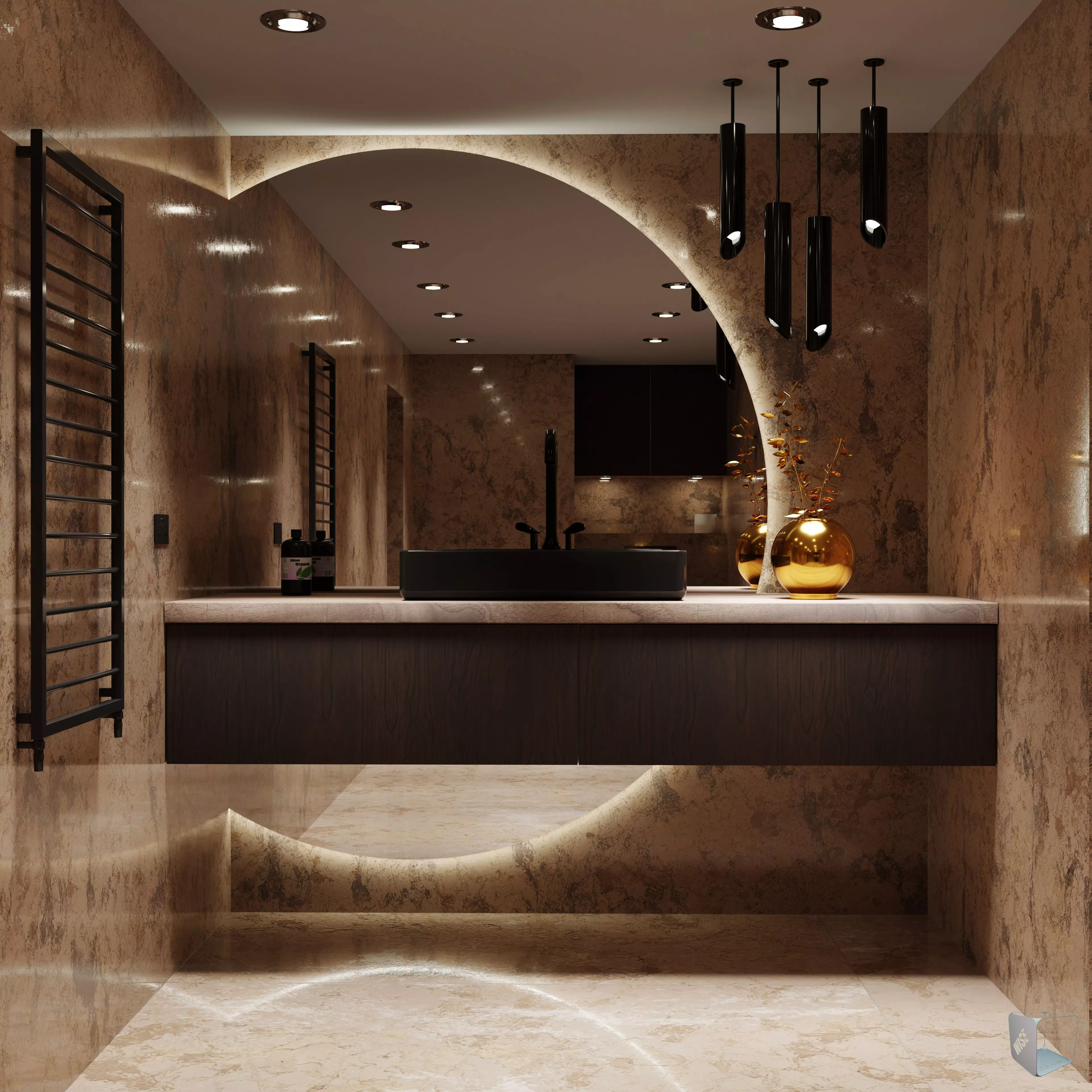 Bathroom marble with circular mirror 3D model_0