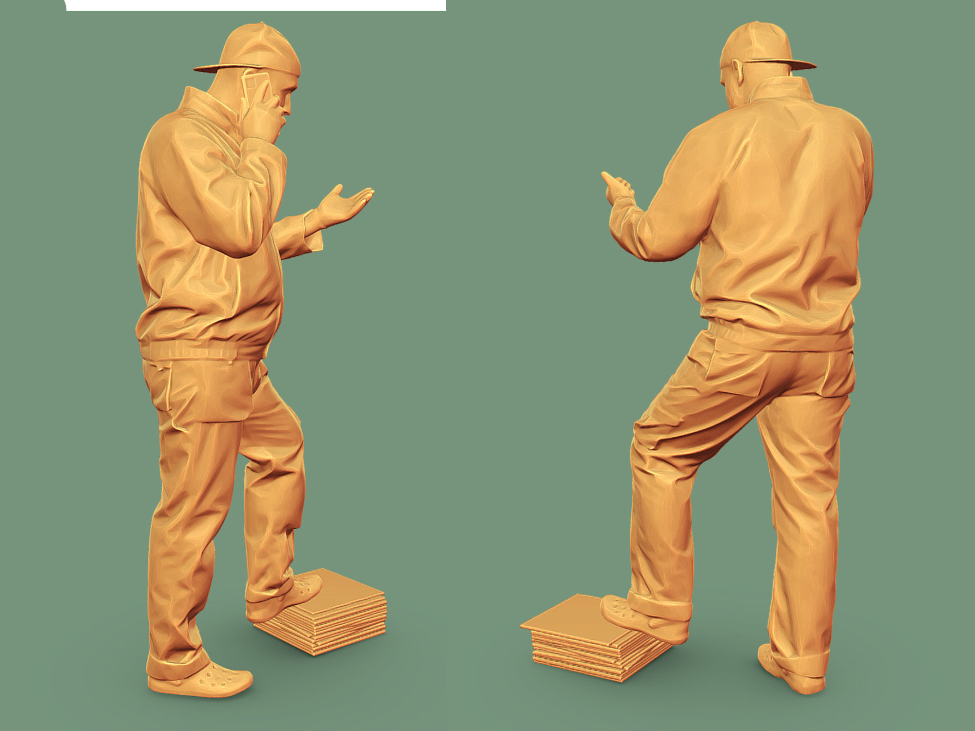 Stylized Bald Worker in Overalls Talking on the Phone 3D model_5