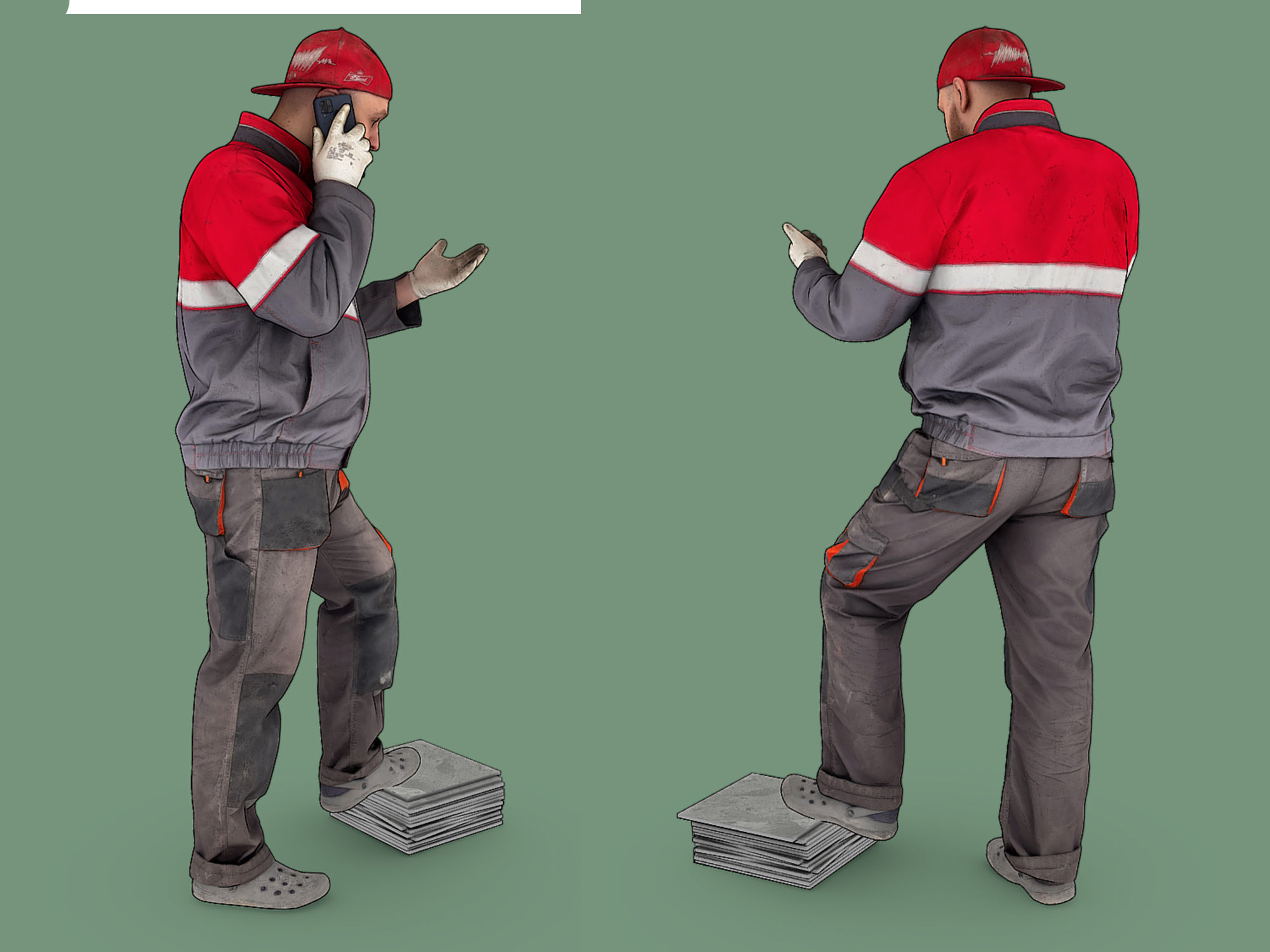 Stylized Bald Worker in Overalls Talking on the Phone 3D model_4