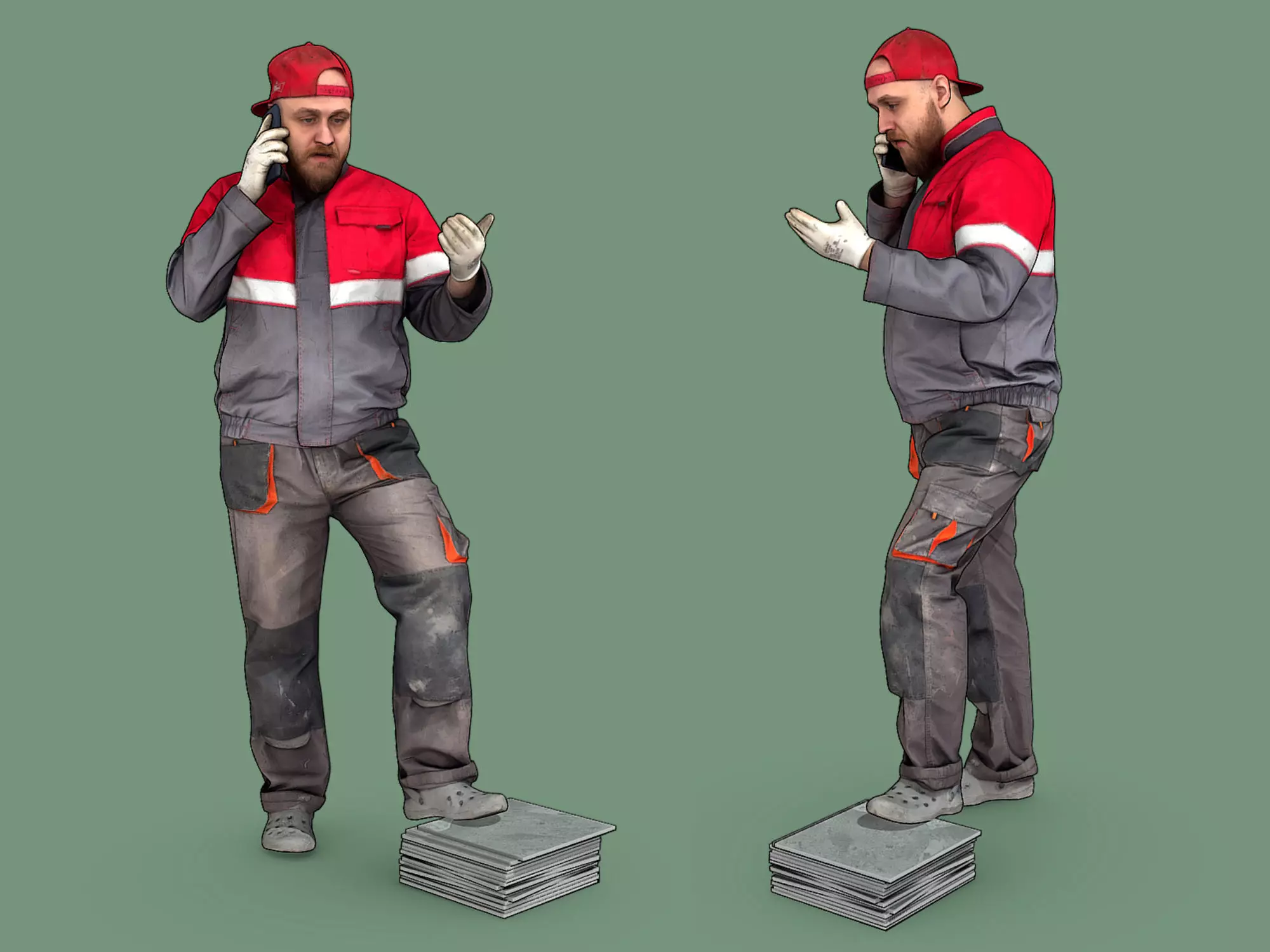 Stylized Bald Worker in Overalls Talking on the Phone 3D model_0