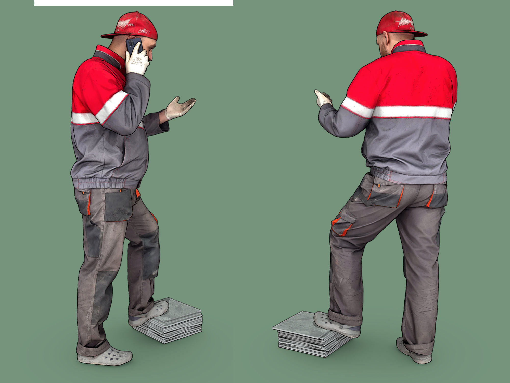 Stylized Bald Worker in Overalls Talking on the Phone 3D model_3