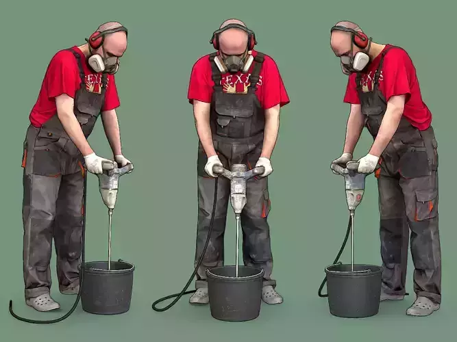 Stylized Bald Worker Kneading Cement 3D model