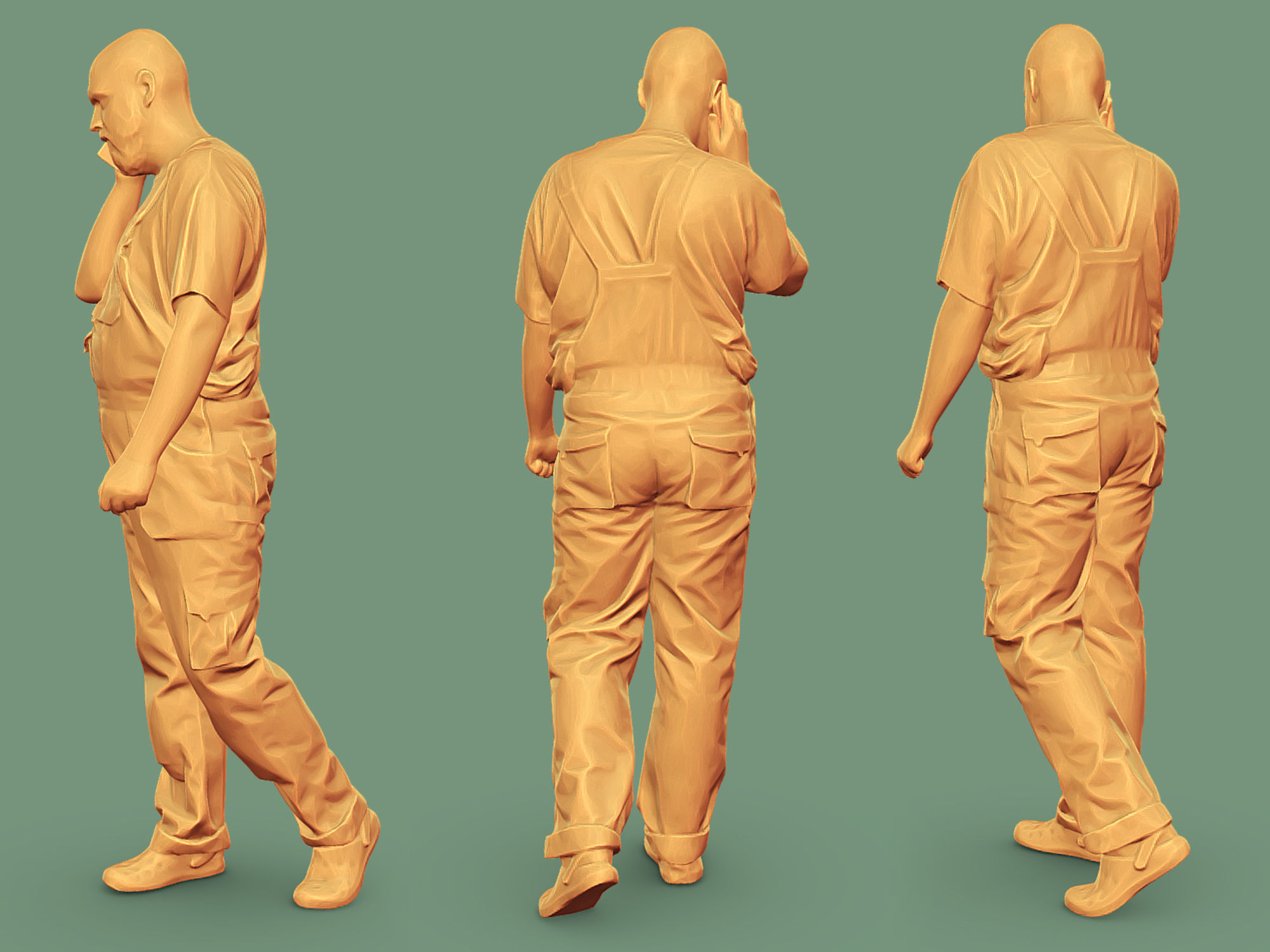 Bald Worker in Red T-shirt Talking on the Phone 3D model_5