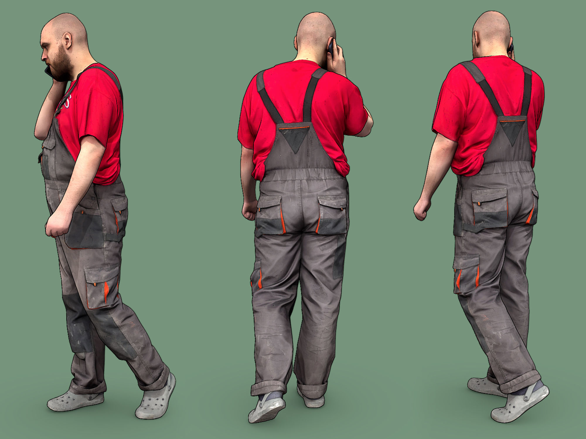 Bald Worker in Red T-shirt Talking on the Phone 3D model_3