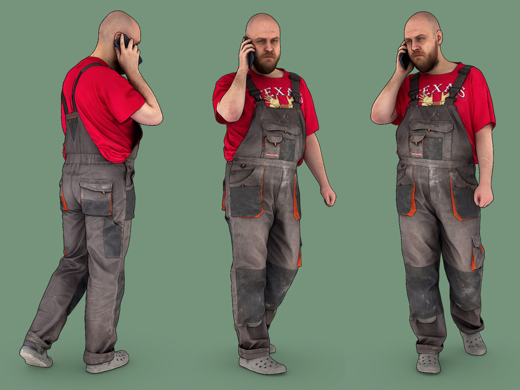 Bald Worker in Red T-shirt Talking on the Phone 3D model_1