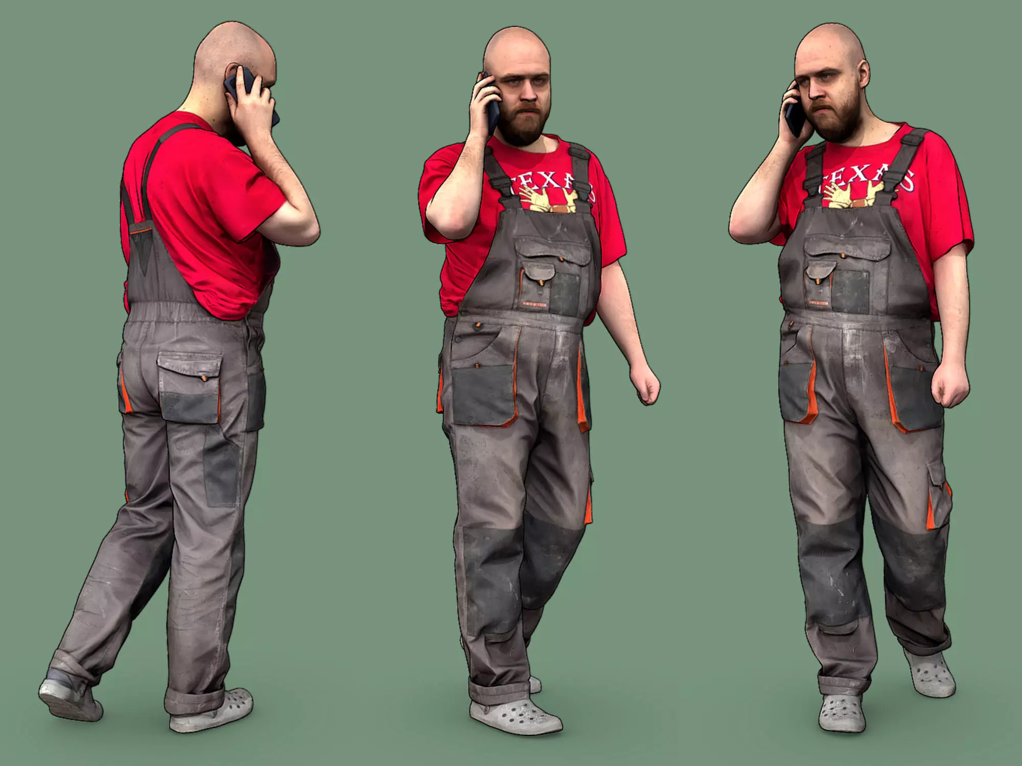 Bald Worker in Red T-shirt Talking on the Phone 3D model_0