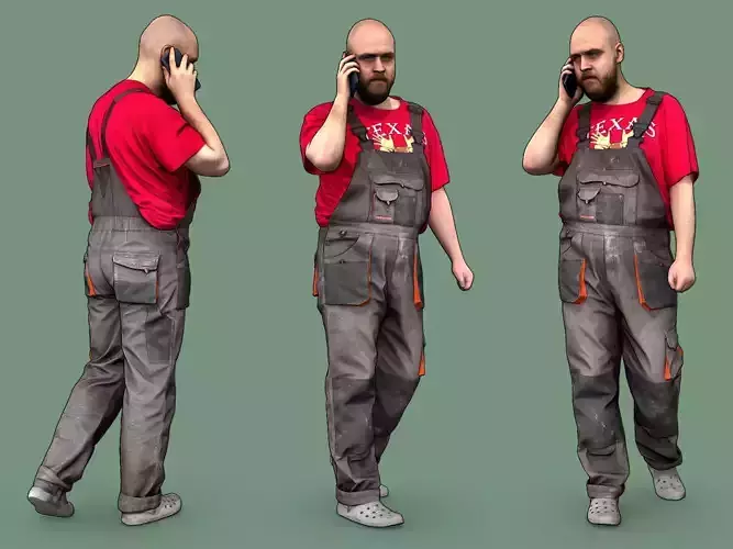 Bald Worker in Red T-shirt Talking on the Phone 3D model