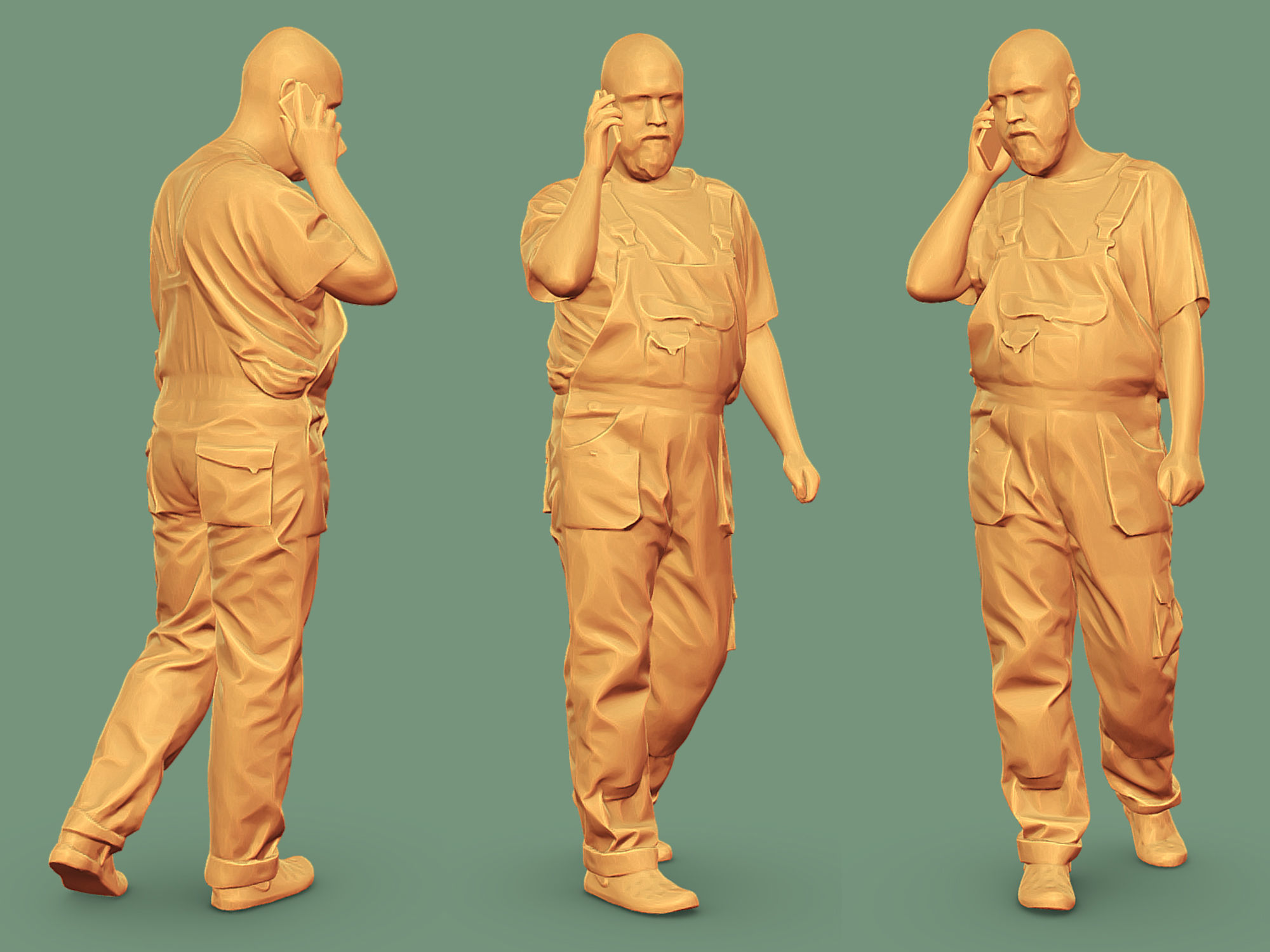 Bald Worker in Red T-shirt Talking on the Phone 3D model_2