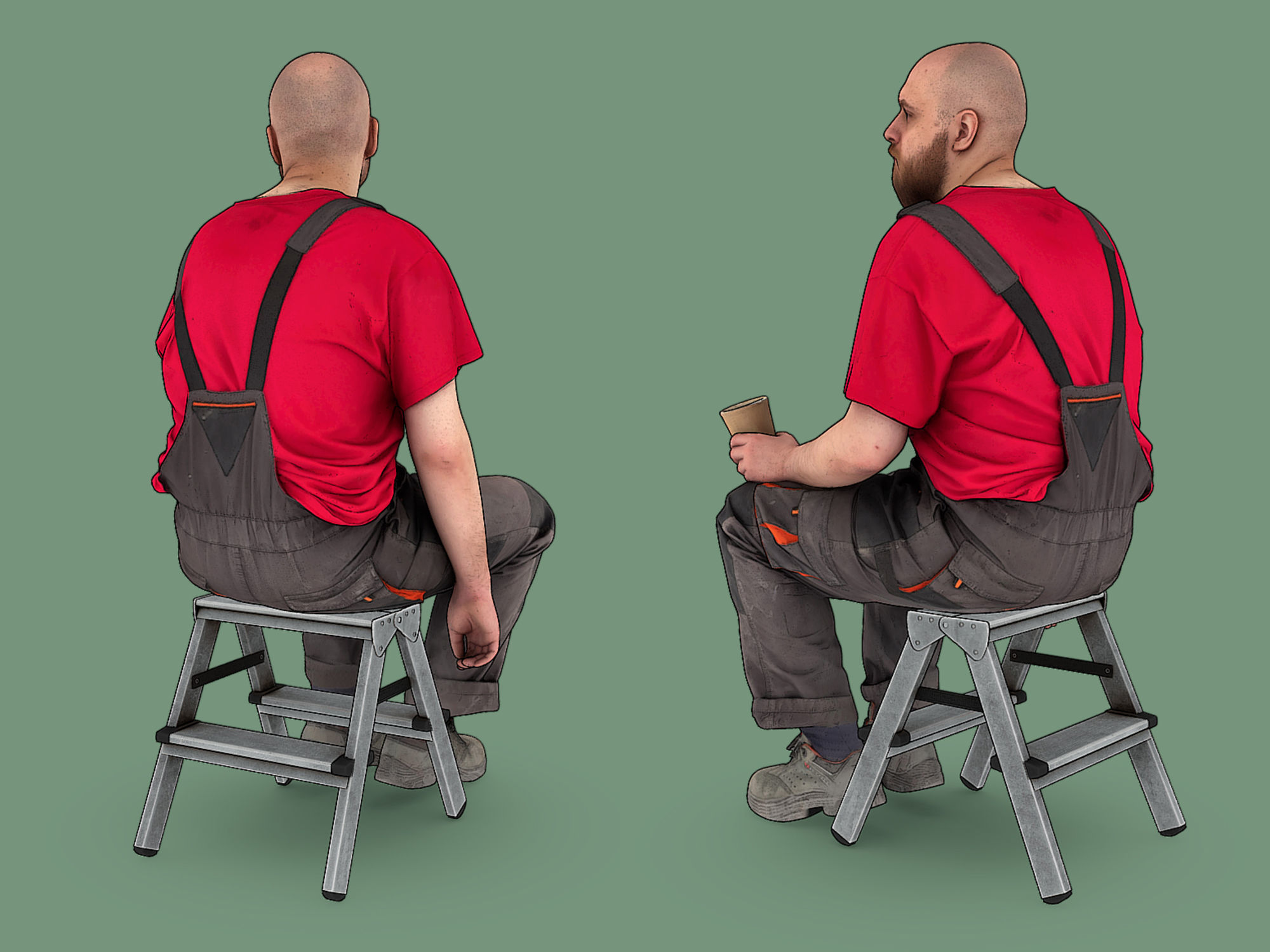 Bald Worker in Red T-shirt Sitting Tired 3D model_4