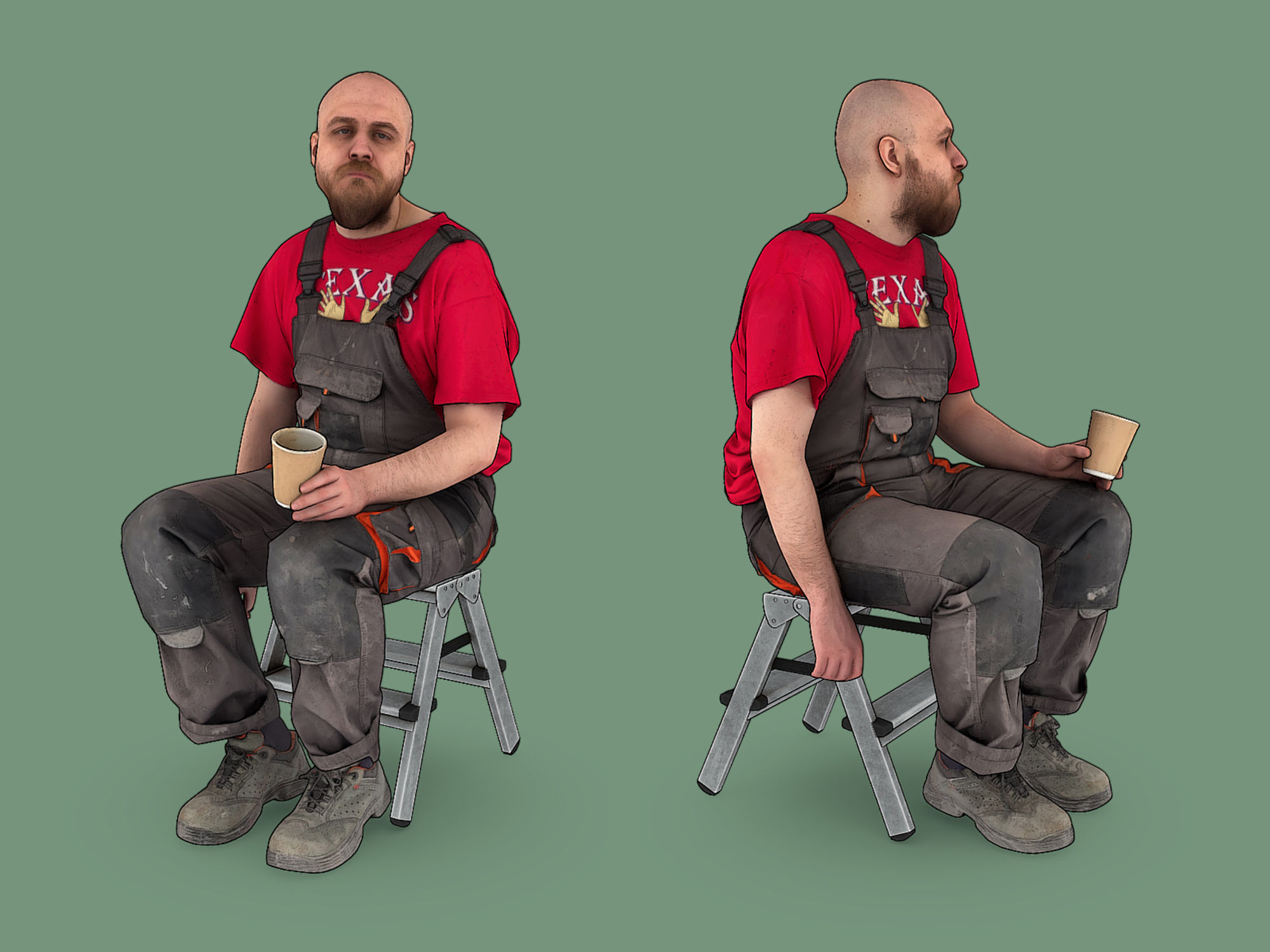 Bald Worker in Red T-shirt Sitting Tired 3D model_1