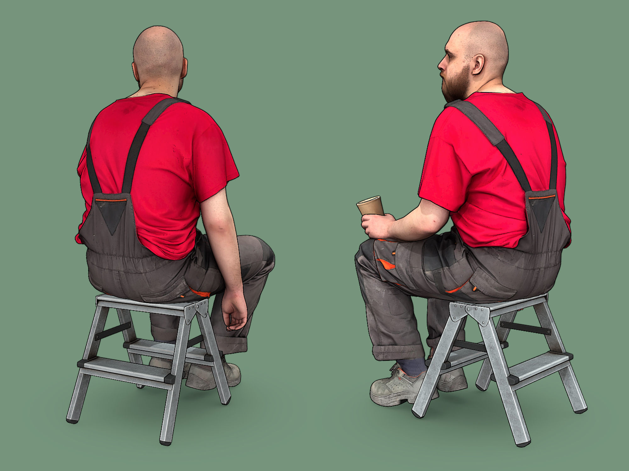 Bald Worker in Red T-shirt Sitting Tired 3D model_3