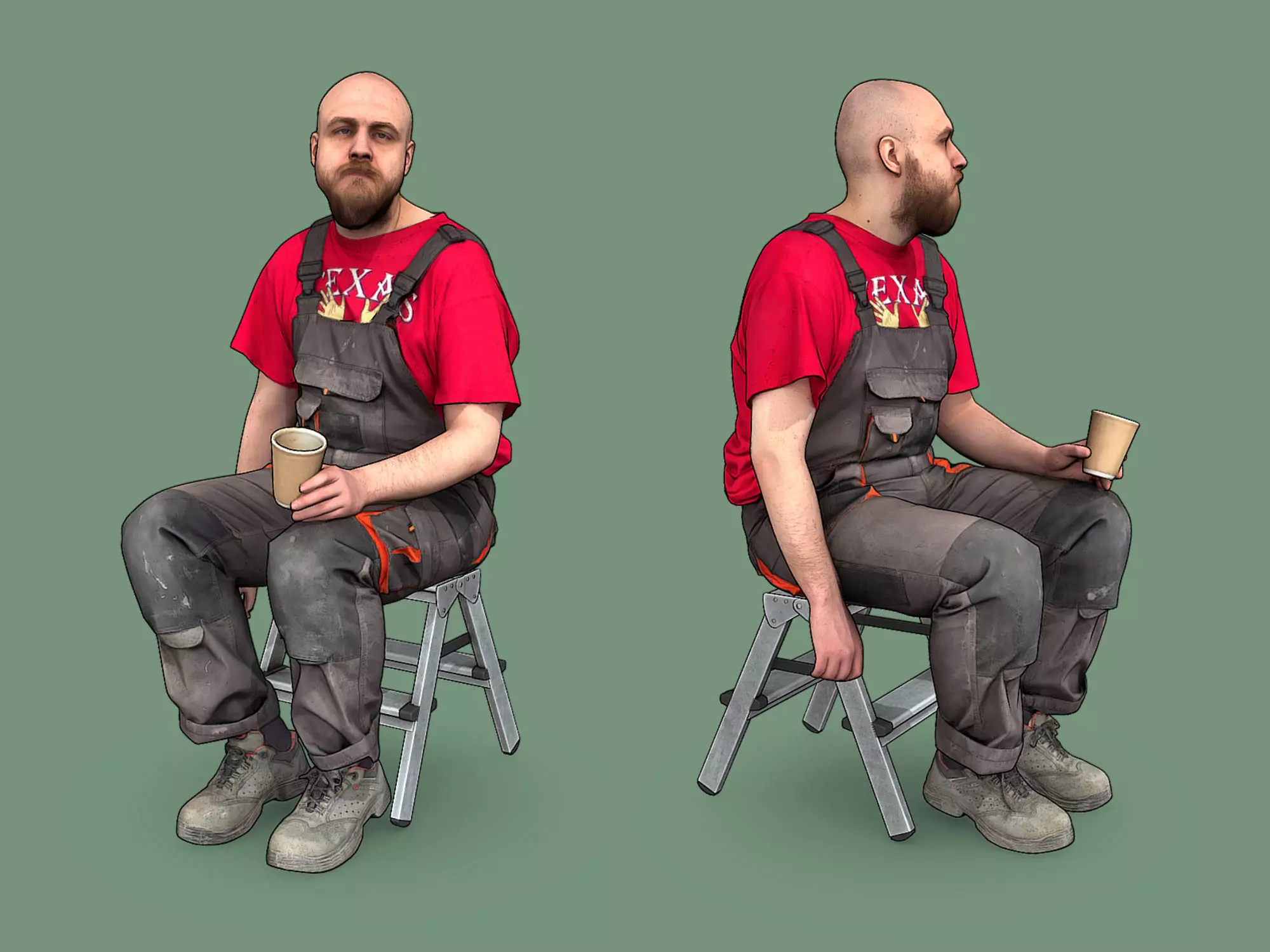 Bald Worker in Red T-shirt Sitting Tired 3D model_0