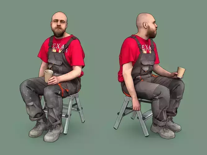 Bald Worker in Red T-shirt Sitting Tired 3D model
