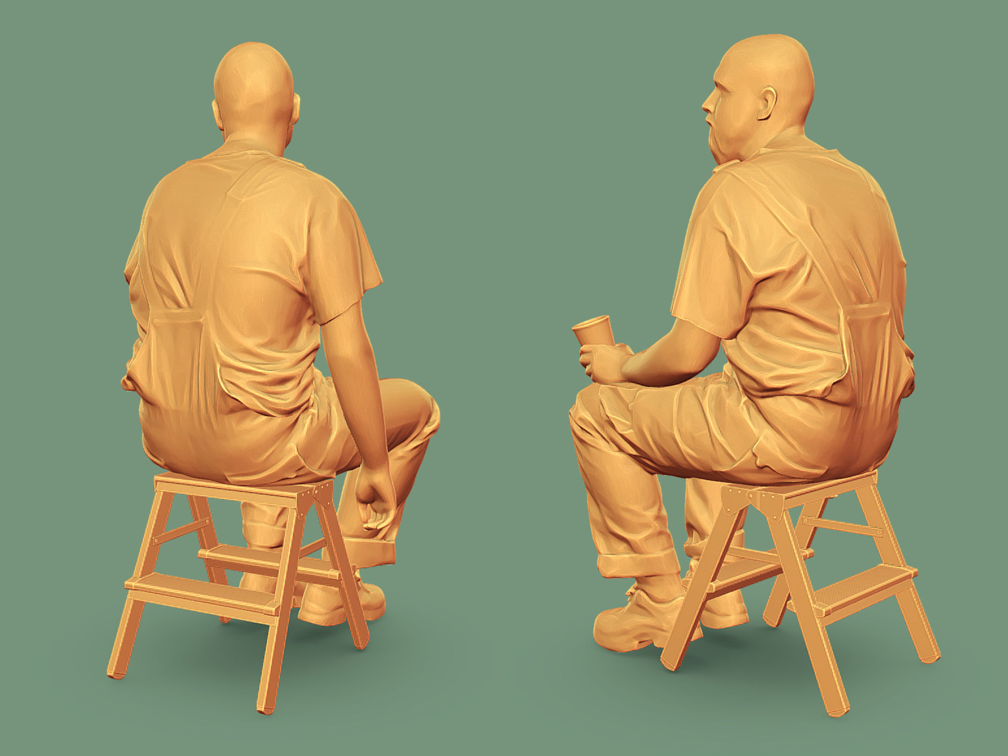 Bald Worker in Red T-shirt Sitting Tired 3D model_5