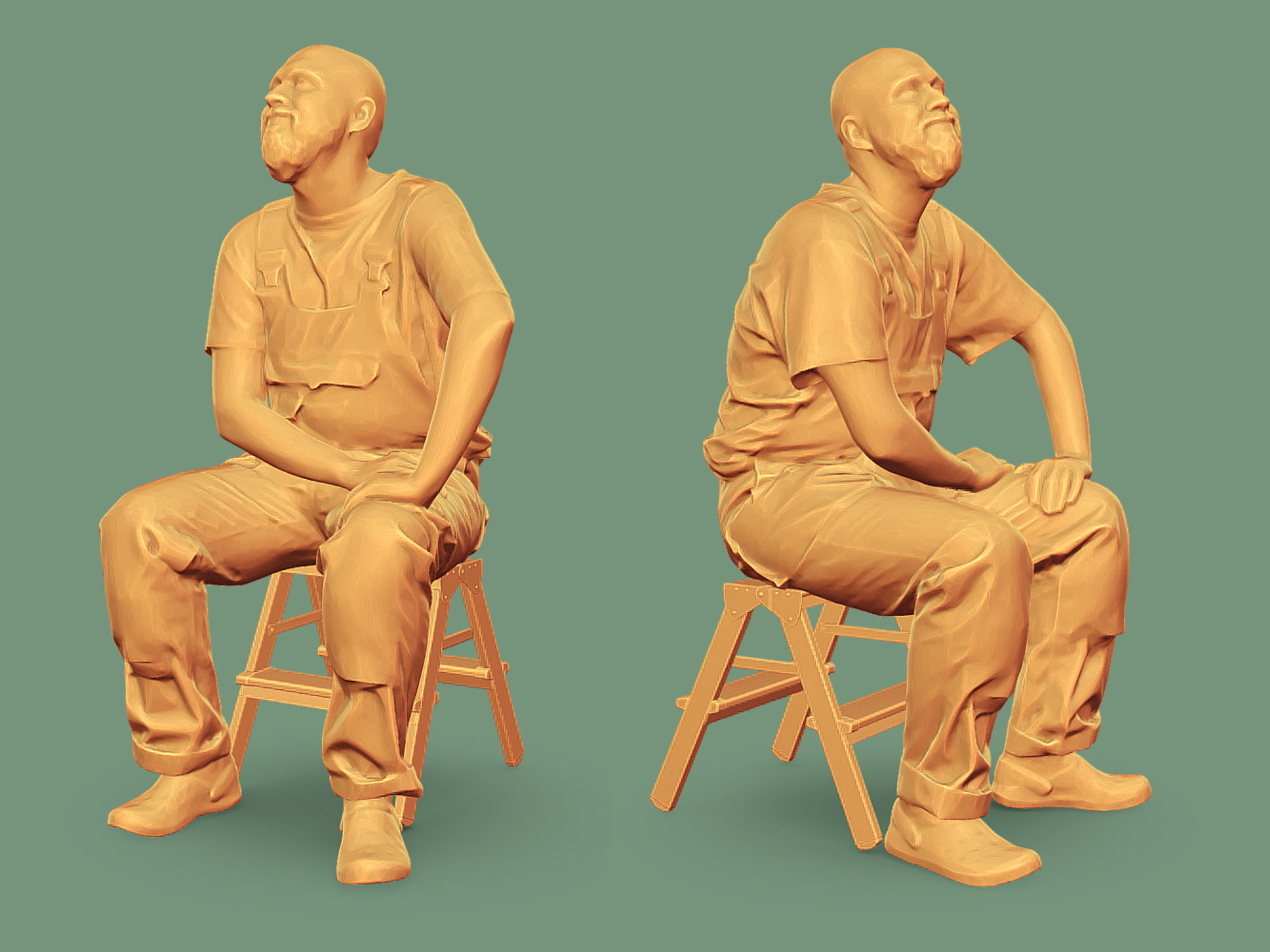 Stylized Bald Worker in Overalls and Red T-shirt Sitting  3D model_2