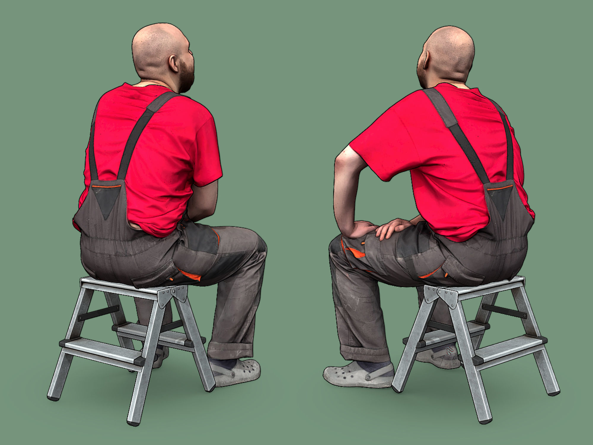 Stylized Bald Worker in Overalls and Red T-shirt Sitting  3D model_3
