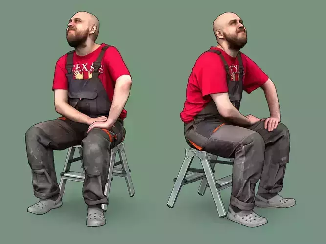 Stylized Bald Worker in Overalls and Red T-shirt Sitting  3D model