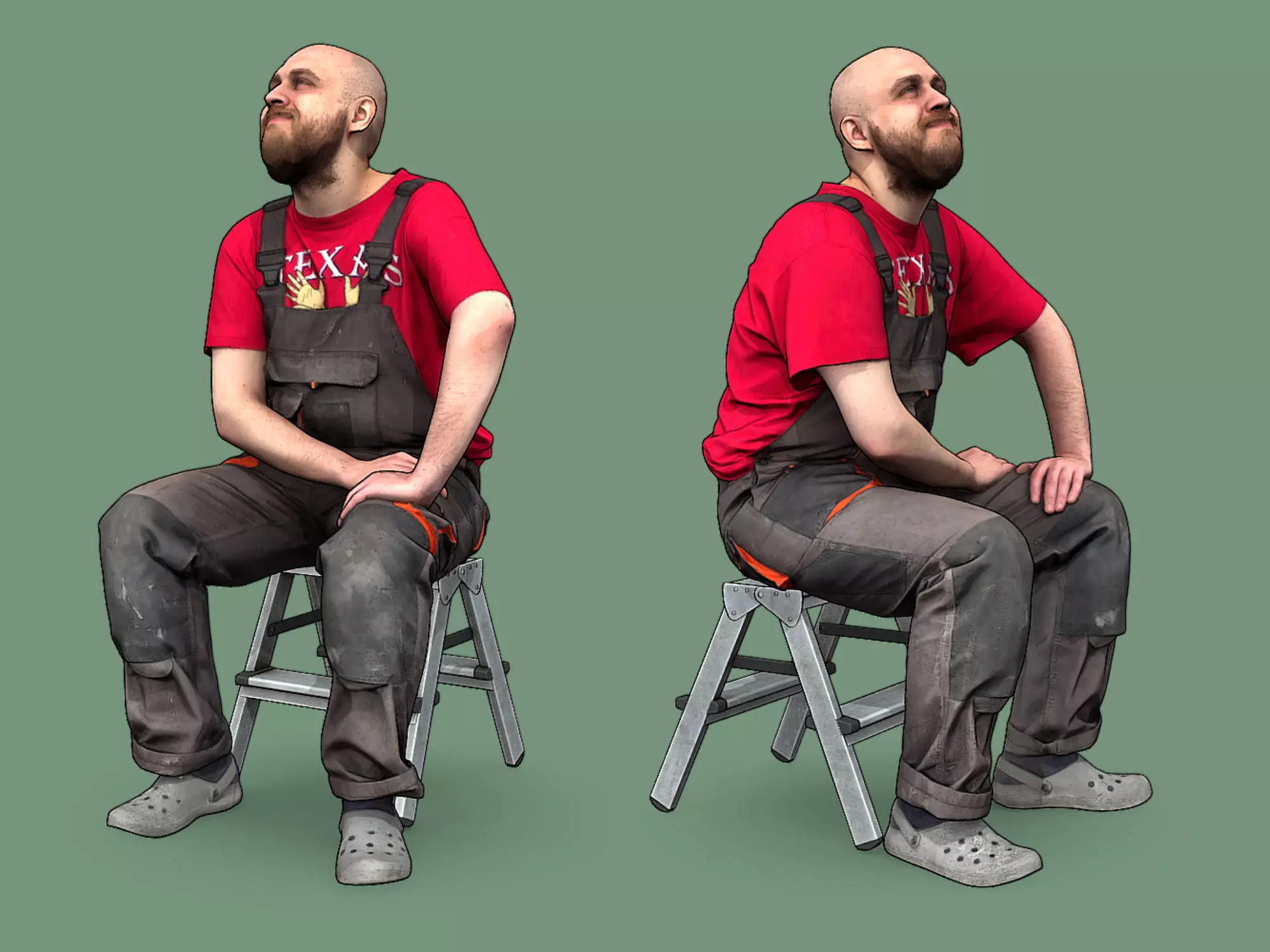 Stylized Bald Worker in Overalls and Red T-shirt Sitting  3D model_0