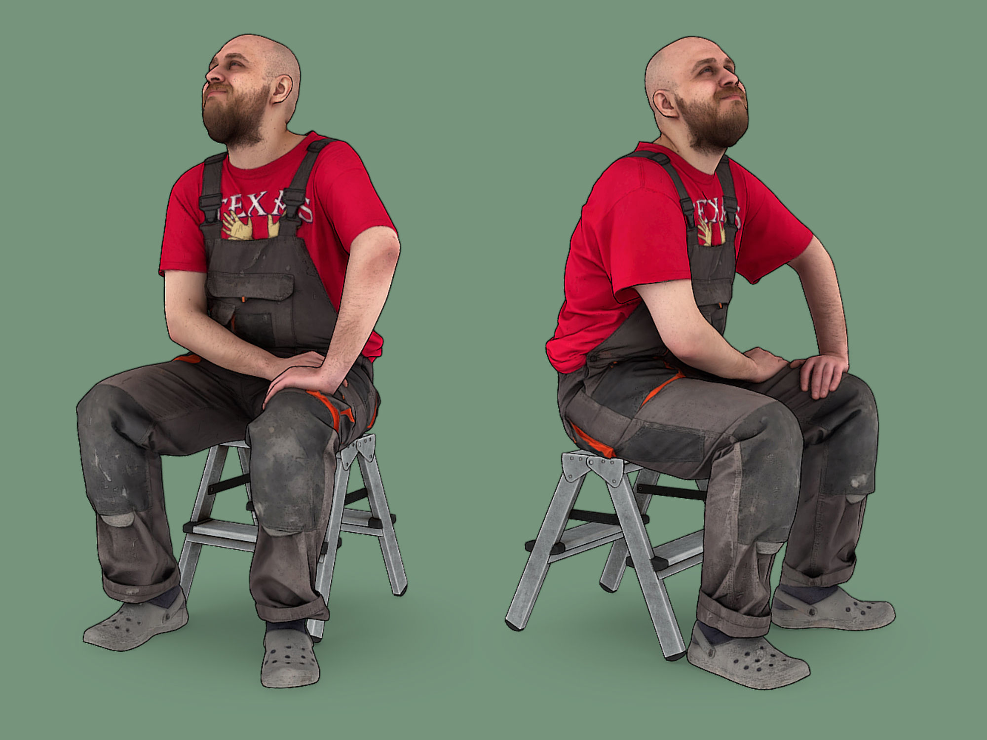 Stylized Bald Worker in Overalls and Red T-shirt Sitting  3D model_1