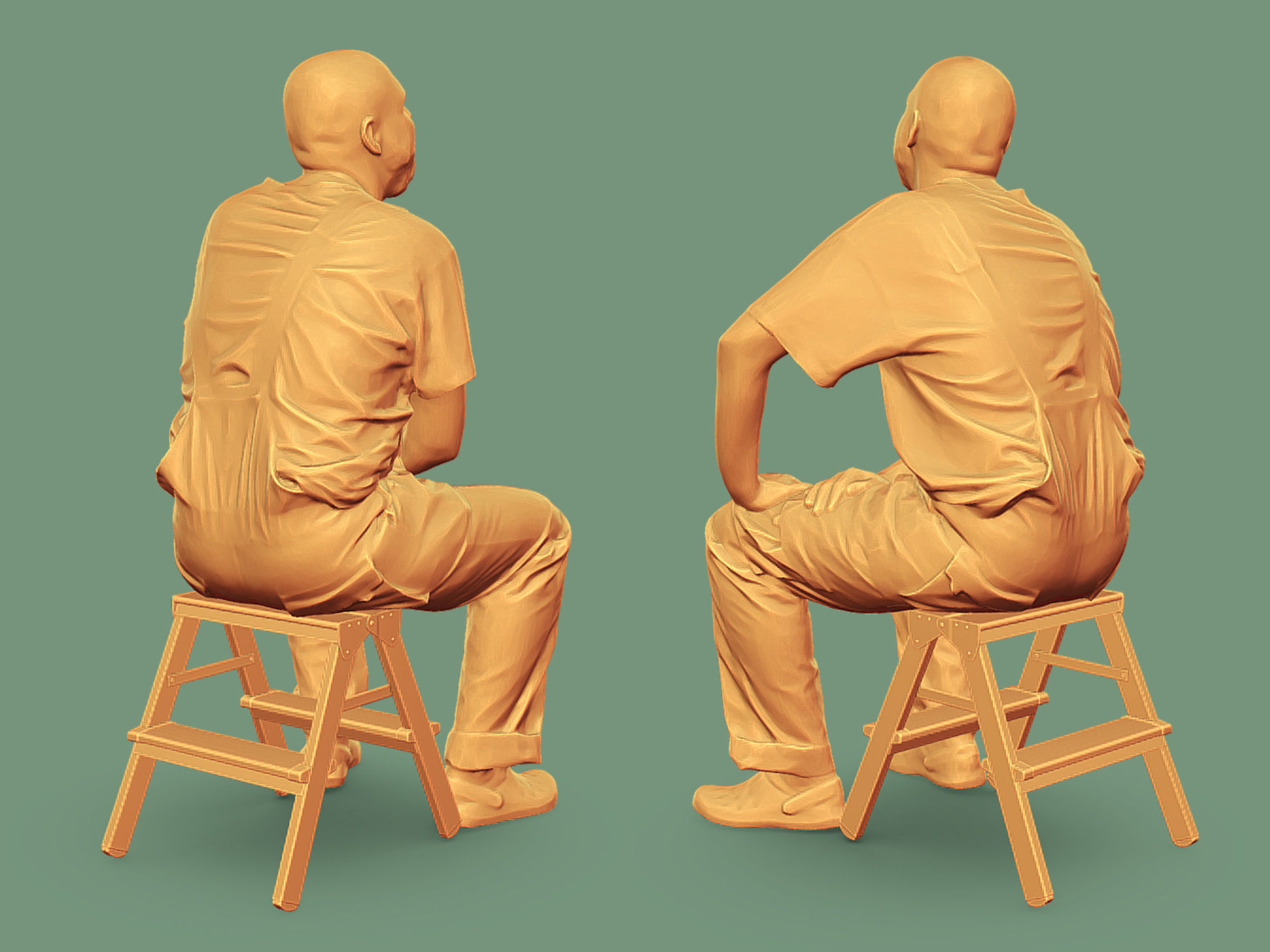Stylized Bald Worker in Overalls and Red T-shirt Sitting  3D model_5