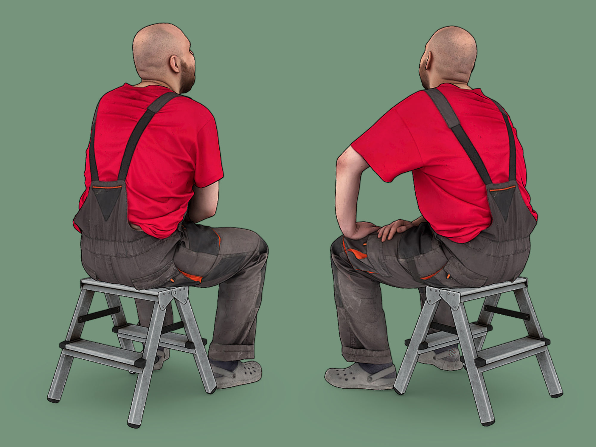 Stylized Bald Worker in Overalls and Red T-shirt Sitting  3D model_4
