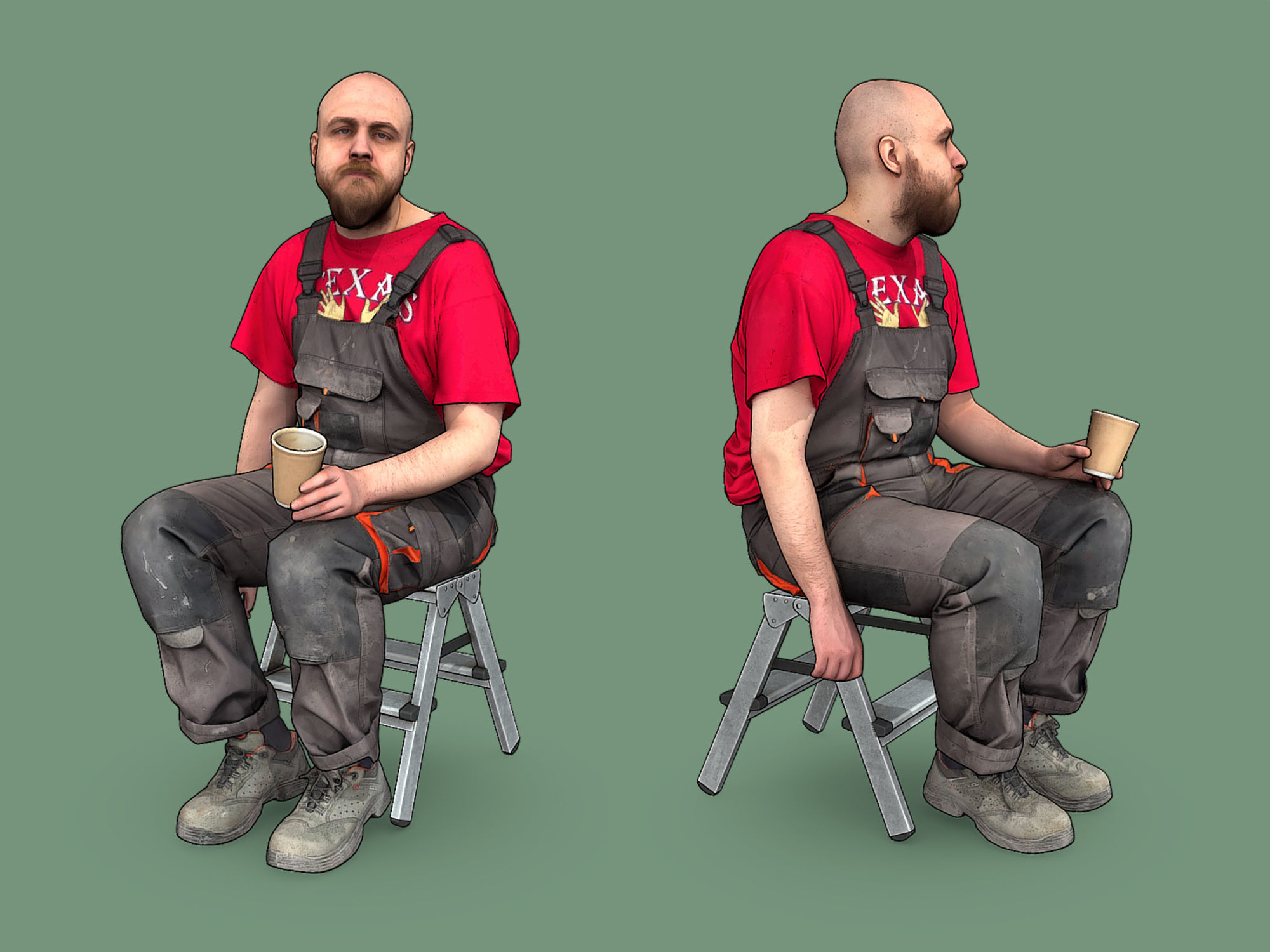 Bald Worker in Overalls and Red T-shirt 3D Model Collection_20