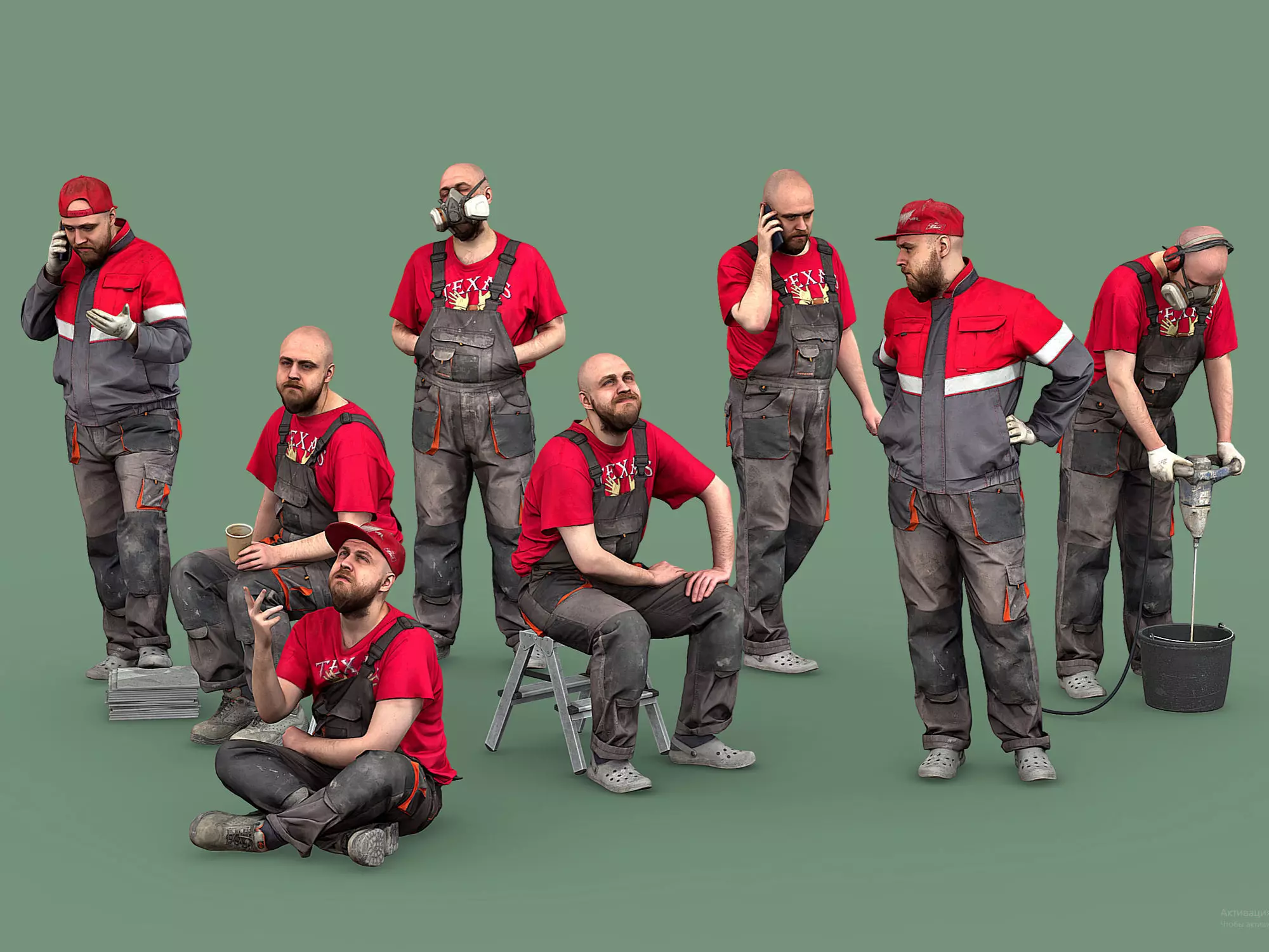 Bald Worker in Overalls and Red T-shirt 3D Model Collection_0