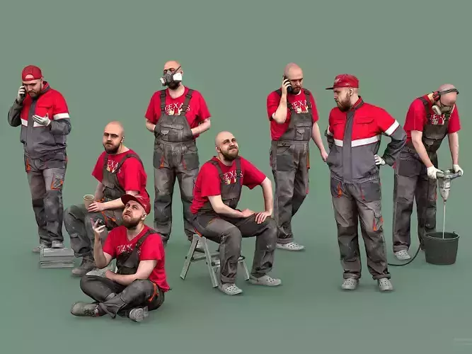 Bald Worker in Overalls and Red T-shirt 3D Model Collection