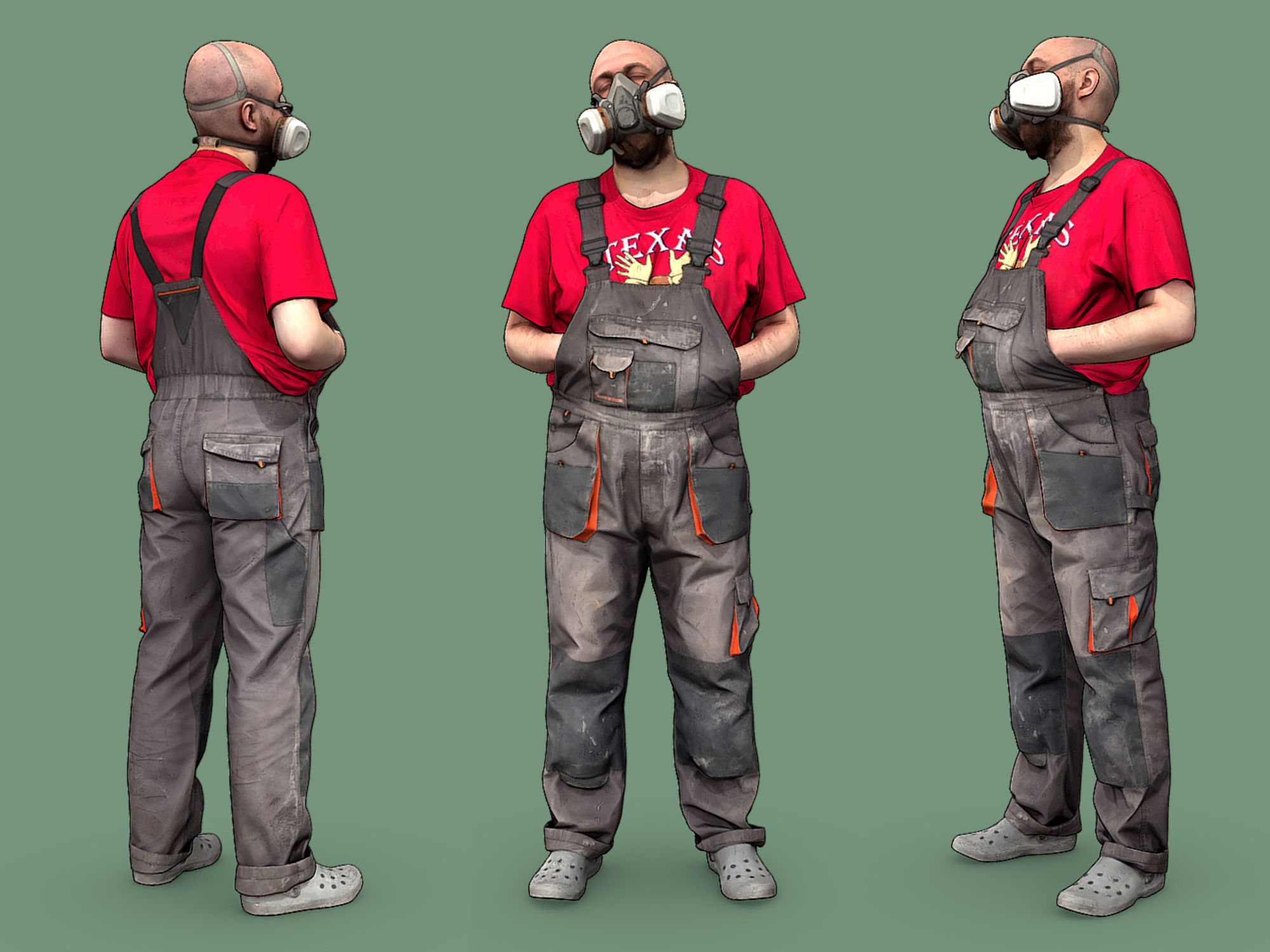 Bald Worker in Overalls and Red T-shirt 3D Model Collection_17