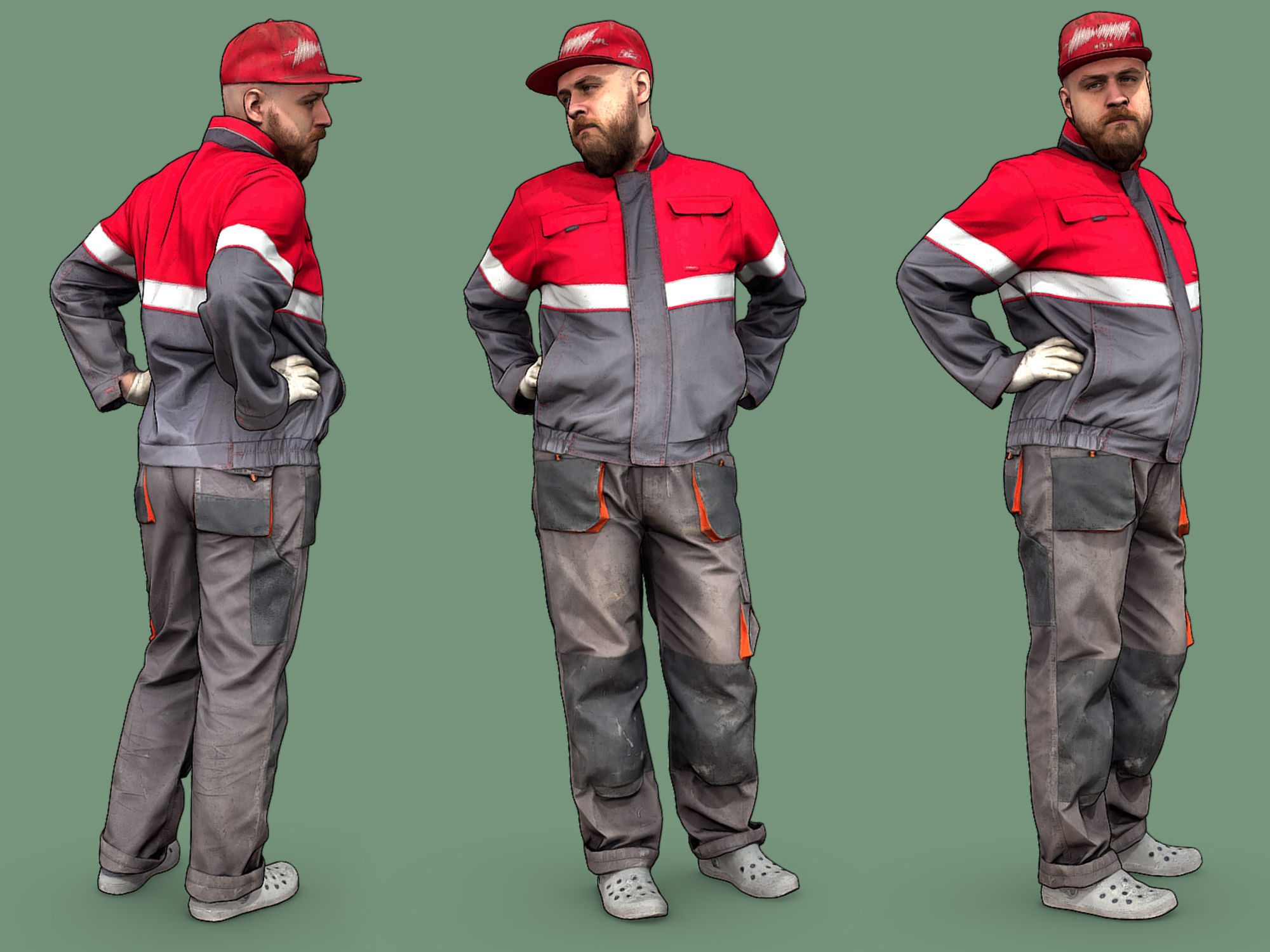 Bald Worker in Overalls and Red T-shirt 3D Model Collection_2