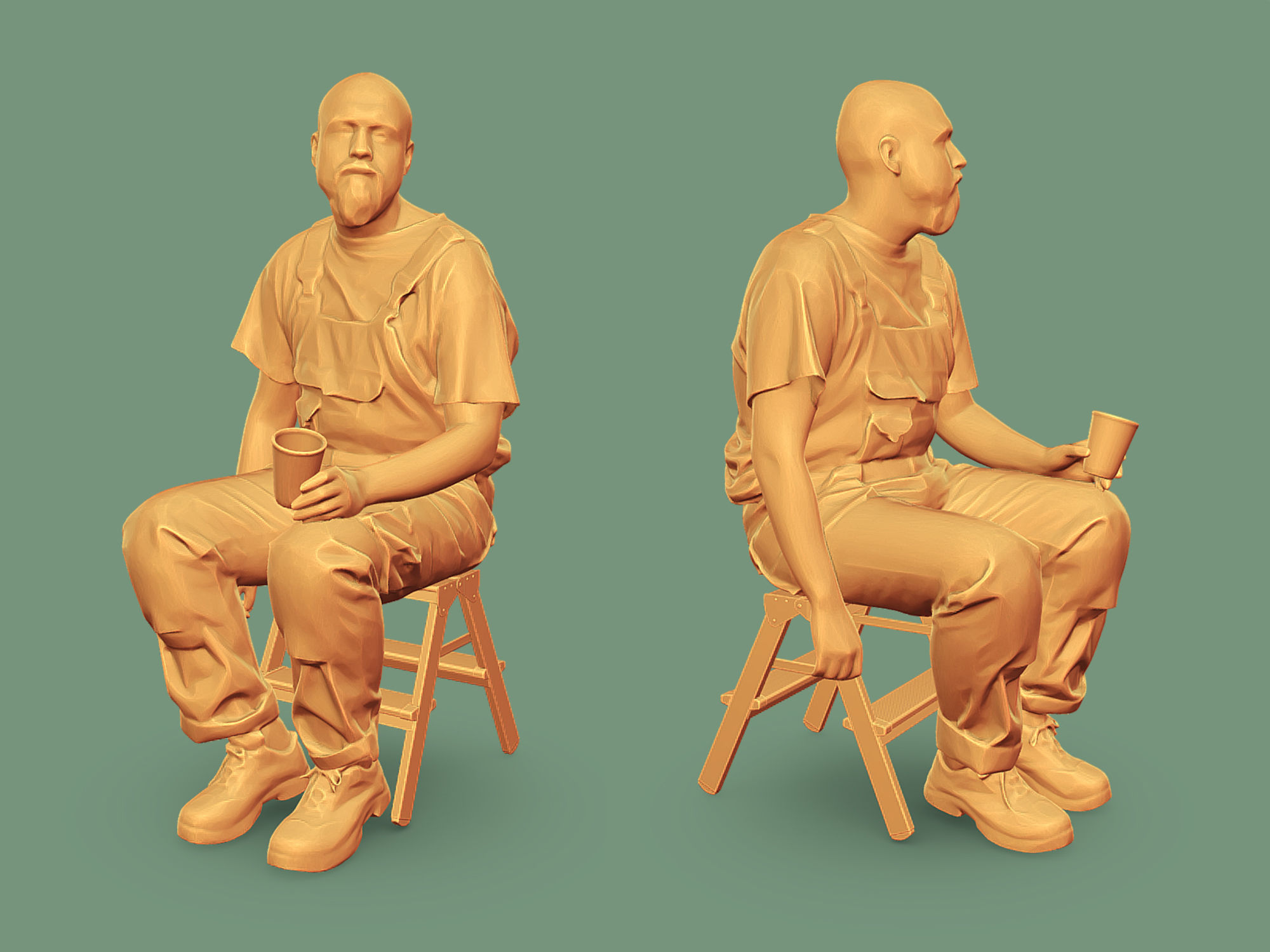 Bald Worker in Overalls and Red T-shirt 3D Model Collection_22