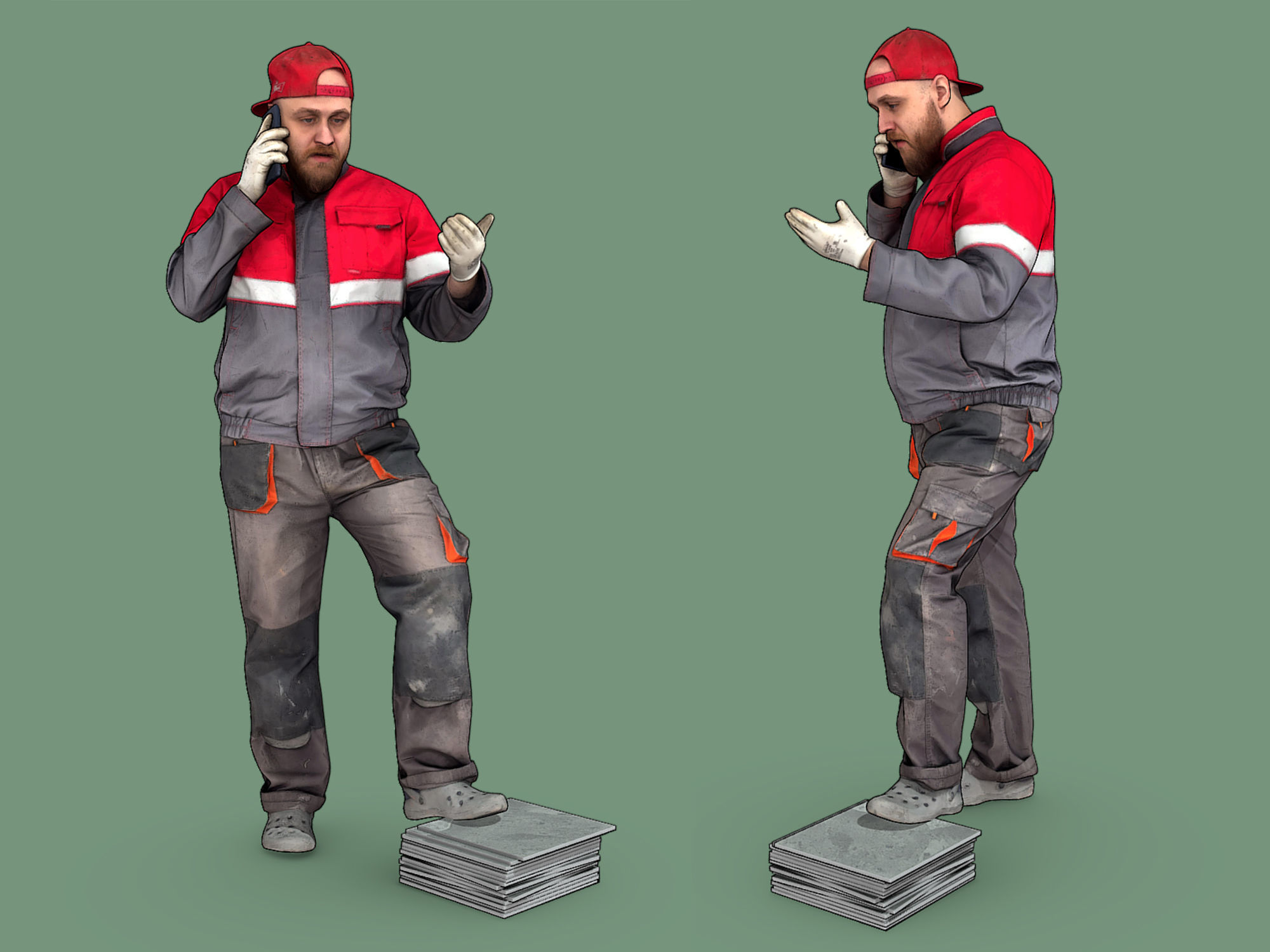 Bald Worker in Overalls and Red T-shirt 3D Model Collection_23