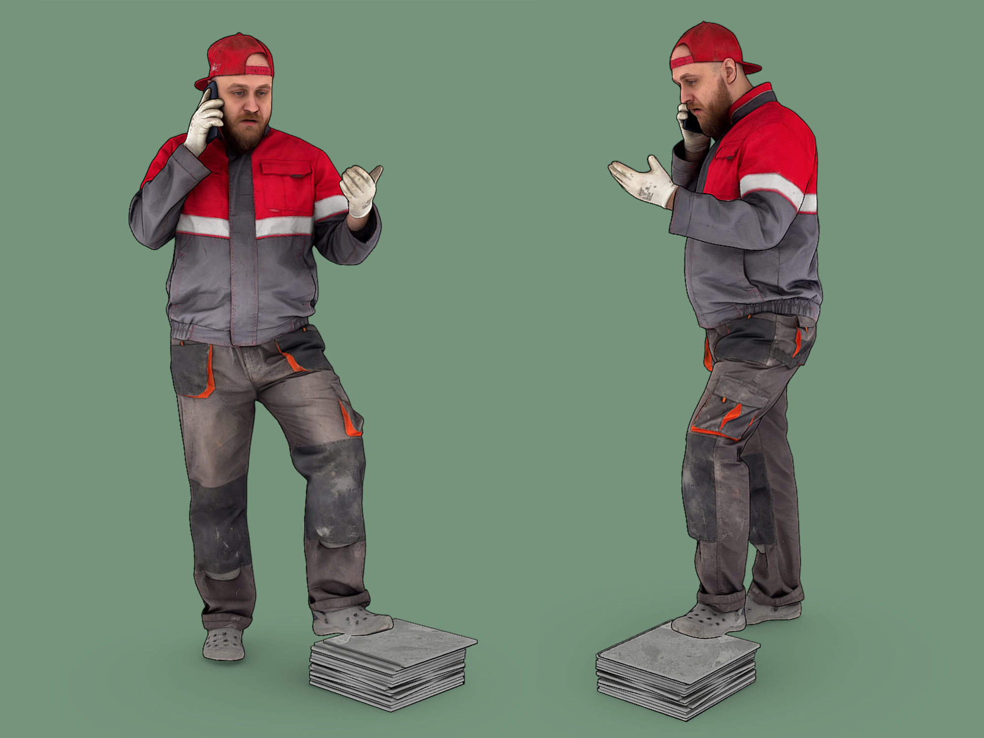 Bald Worker in Overalls and Red T-shirt 3D Model Collection_24