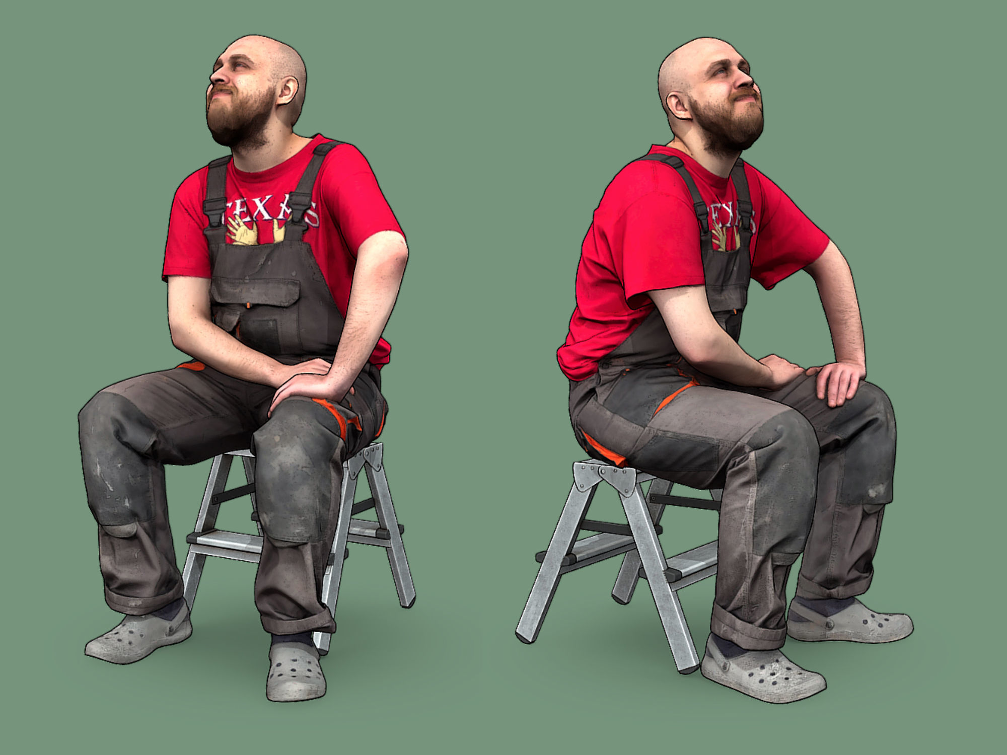 Bald Worker in Overalls and Red T-shirt 3D Model Collection_11