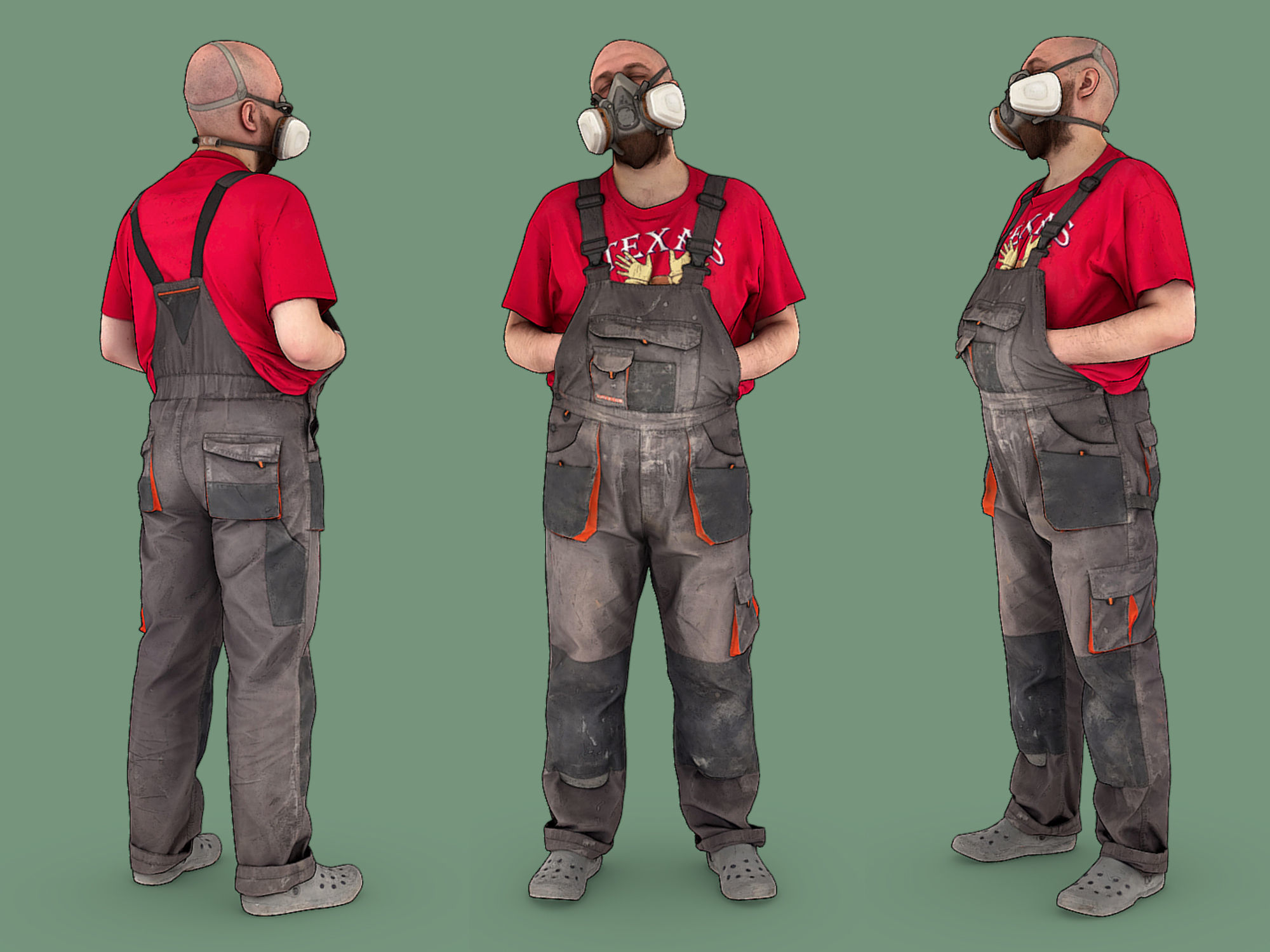 Bald Worker in Overalls and Red T-shirt 3D Model Collection_18