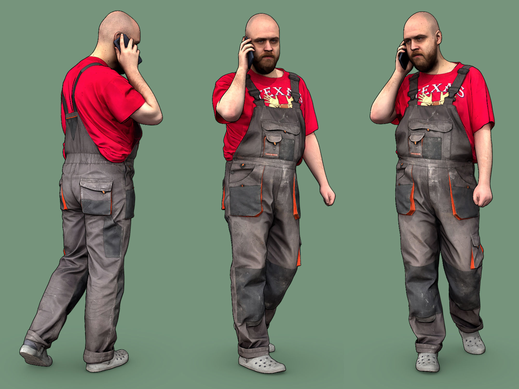 Bald Worker in Overalls and Red T-shirt 3D Model Collection_5